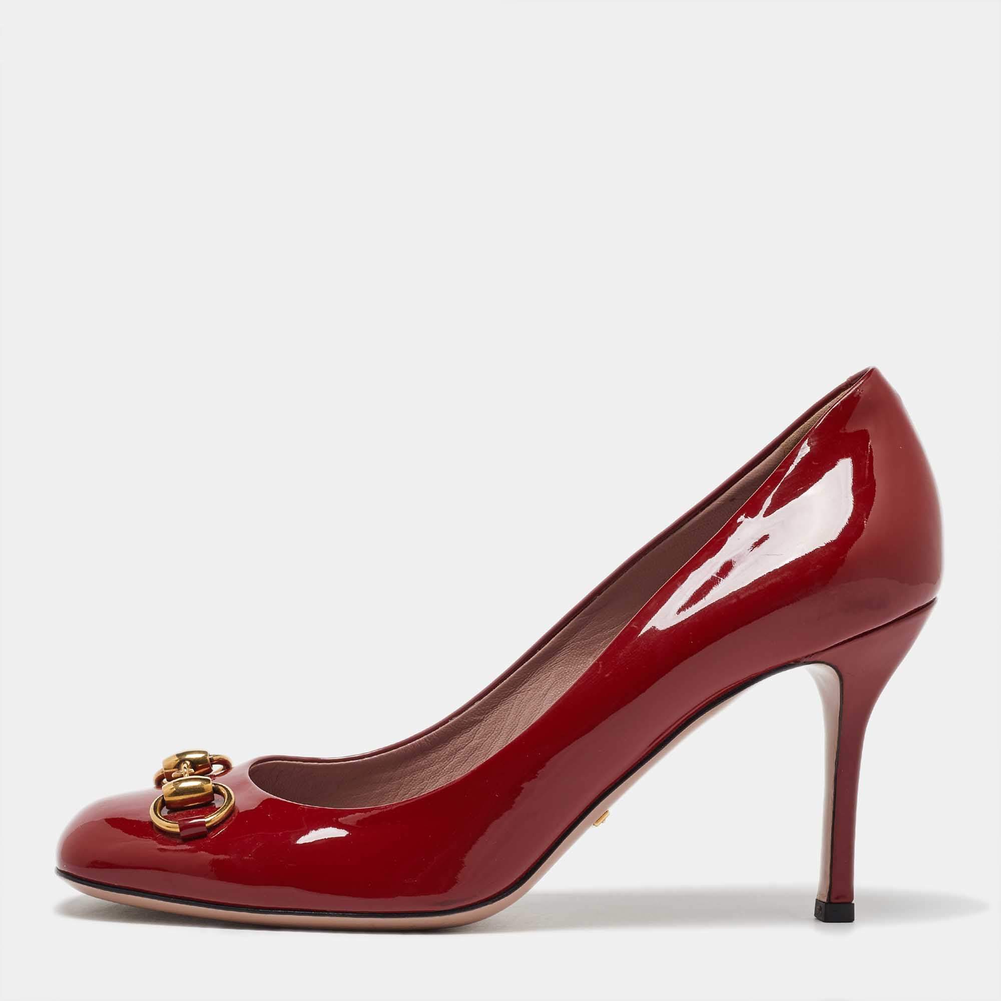 Pre Owned Gucci Red Patent Leather Jolene Horsebit Square Toe Pumps Size 39.5