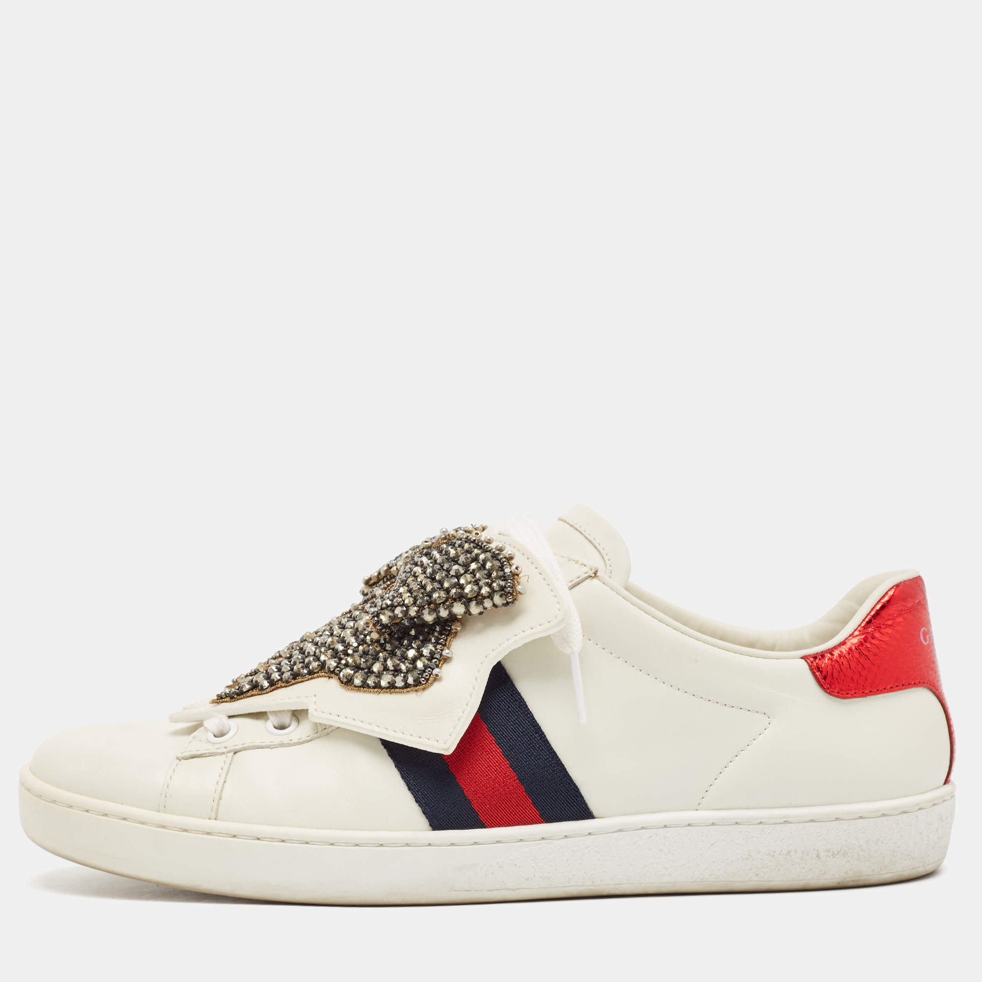 Pre Owned Gucci White Leather Ace Bow Patch Sneakers Size 38.5