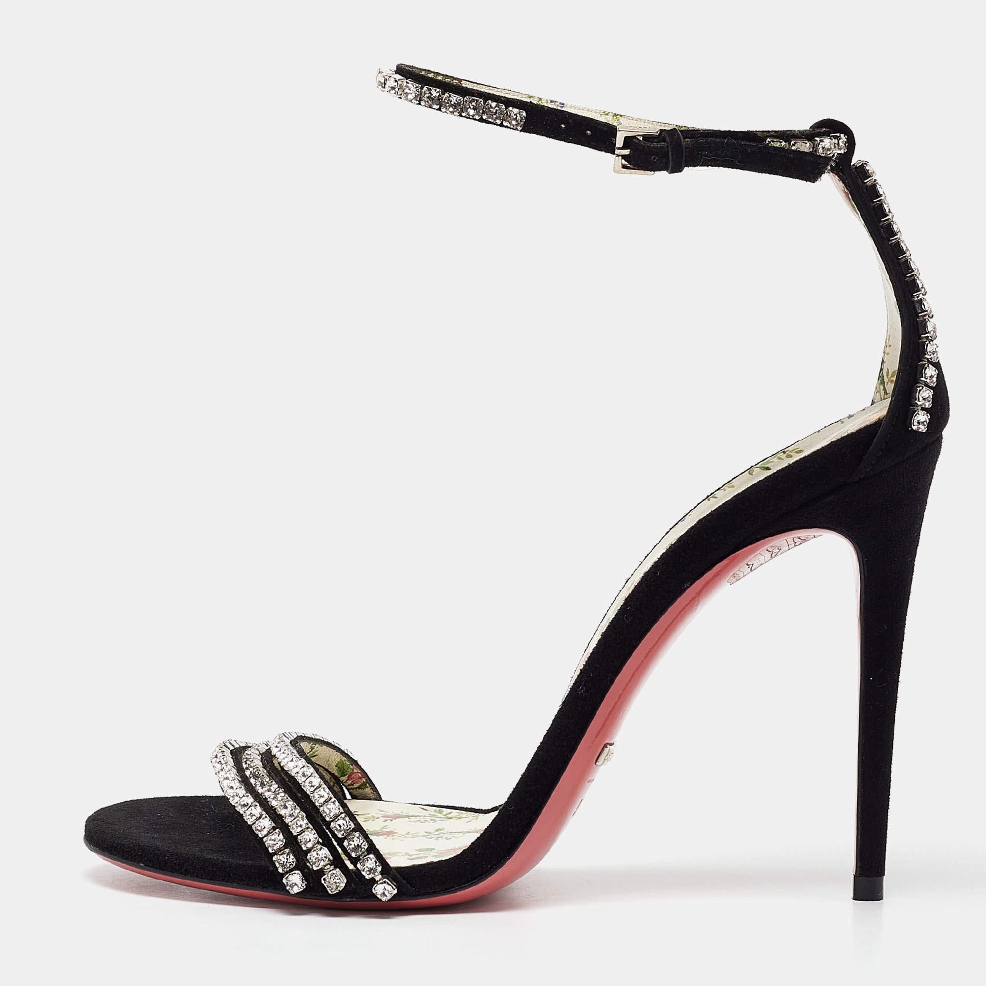 Gucci Black Suede Crystal Embellished Ankle Strap Sandals Size 39