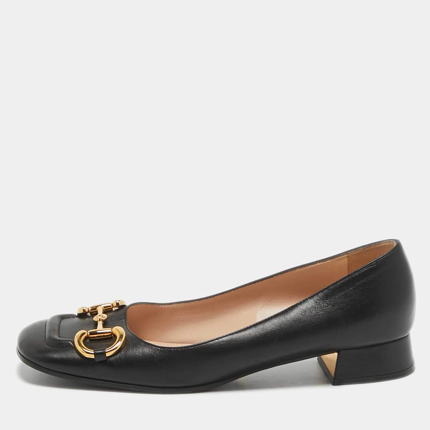 Pre Owned Gucci Black Leather Horsebit Ballet Flats Size 37.5