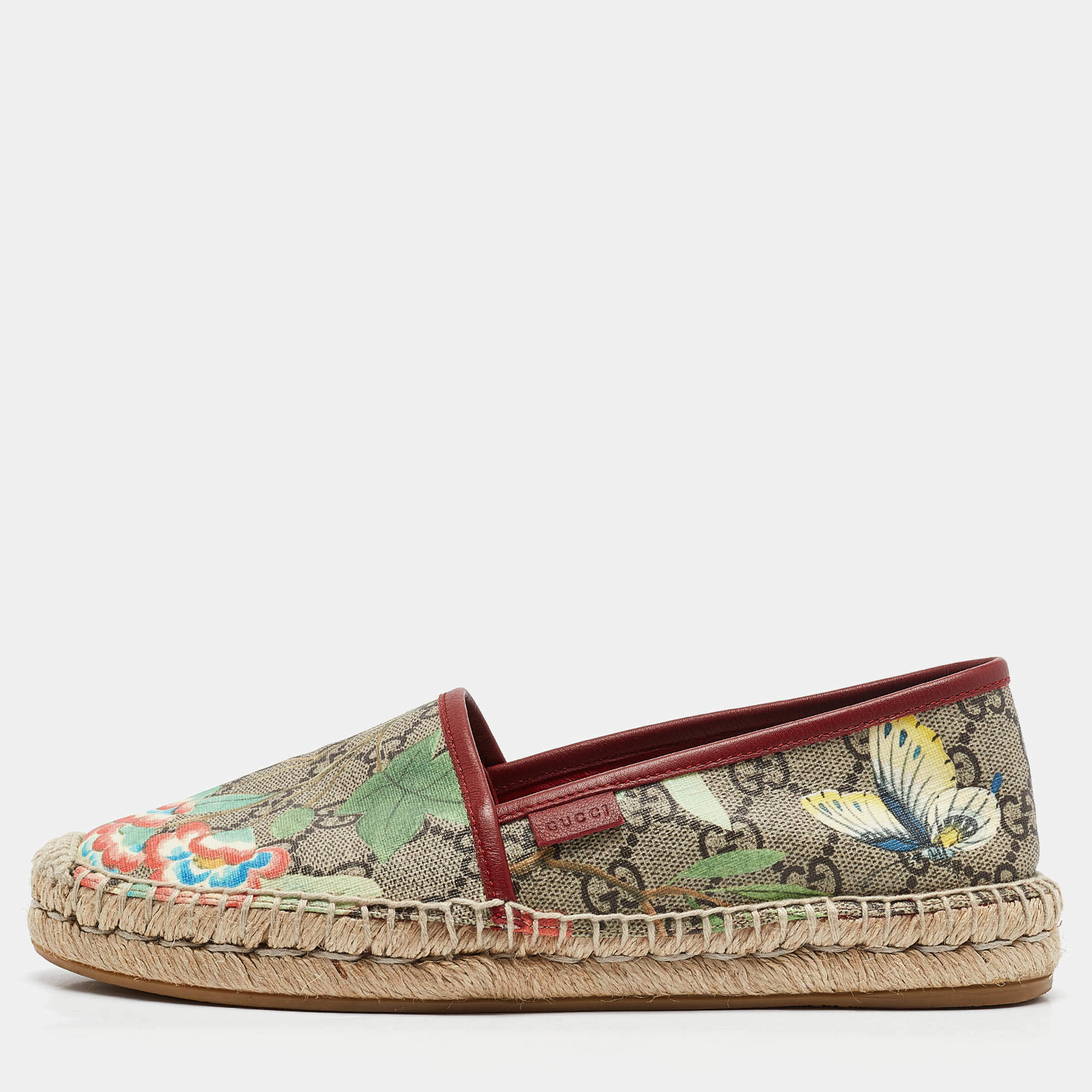 Pre Owned Gucci Beige/Brown GG Supreme Canvas Tian Print Espadrille Flats Size 37.5