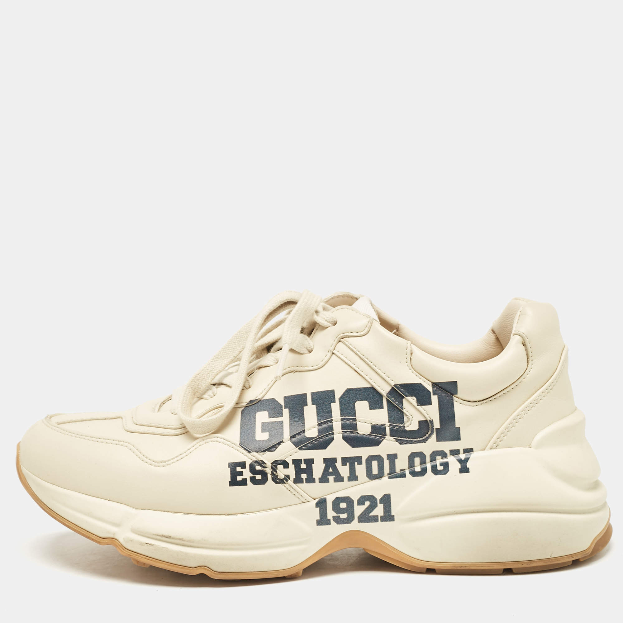 Gucci Cream Leather Rhyton Low Top Sneakers Size 38