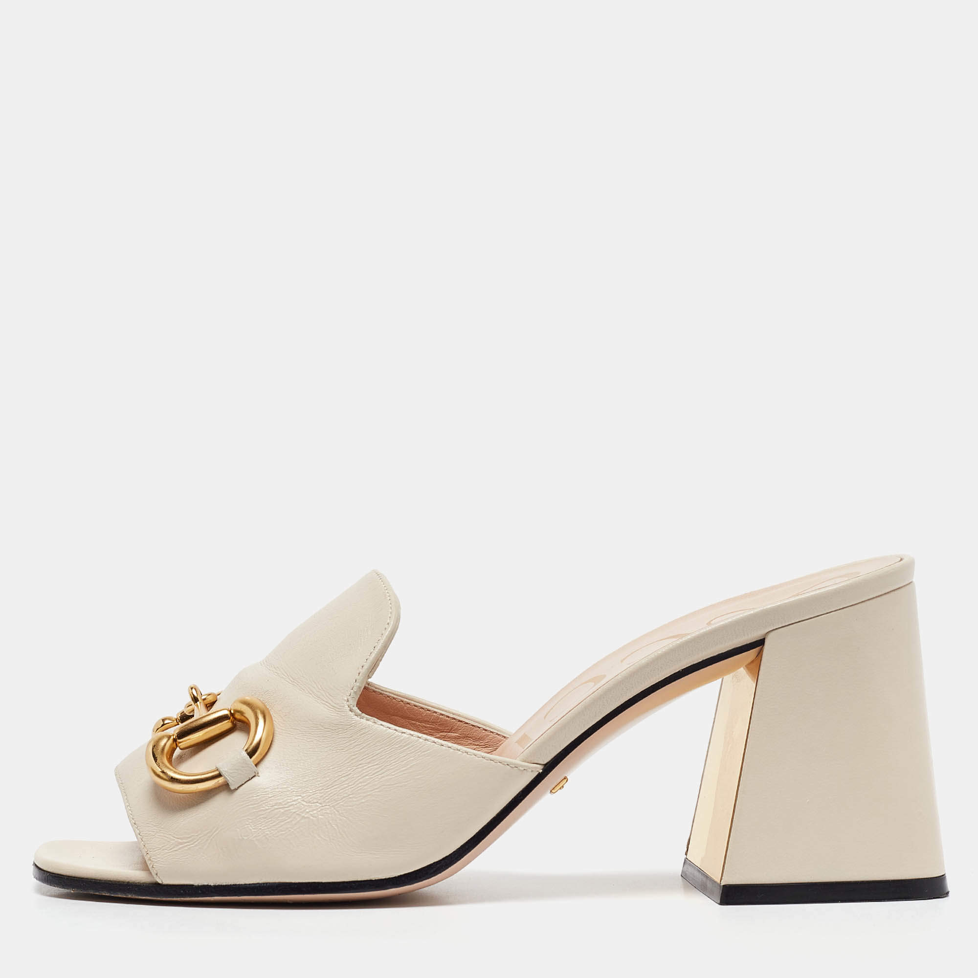 Pre Owned Gucci Cream Leather Horsebit Slide Sandals Size 38