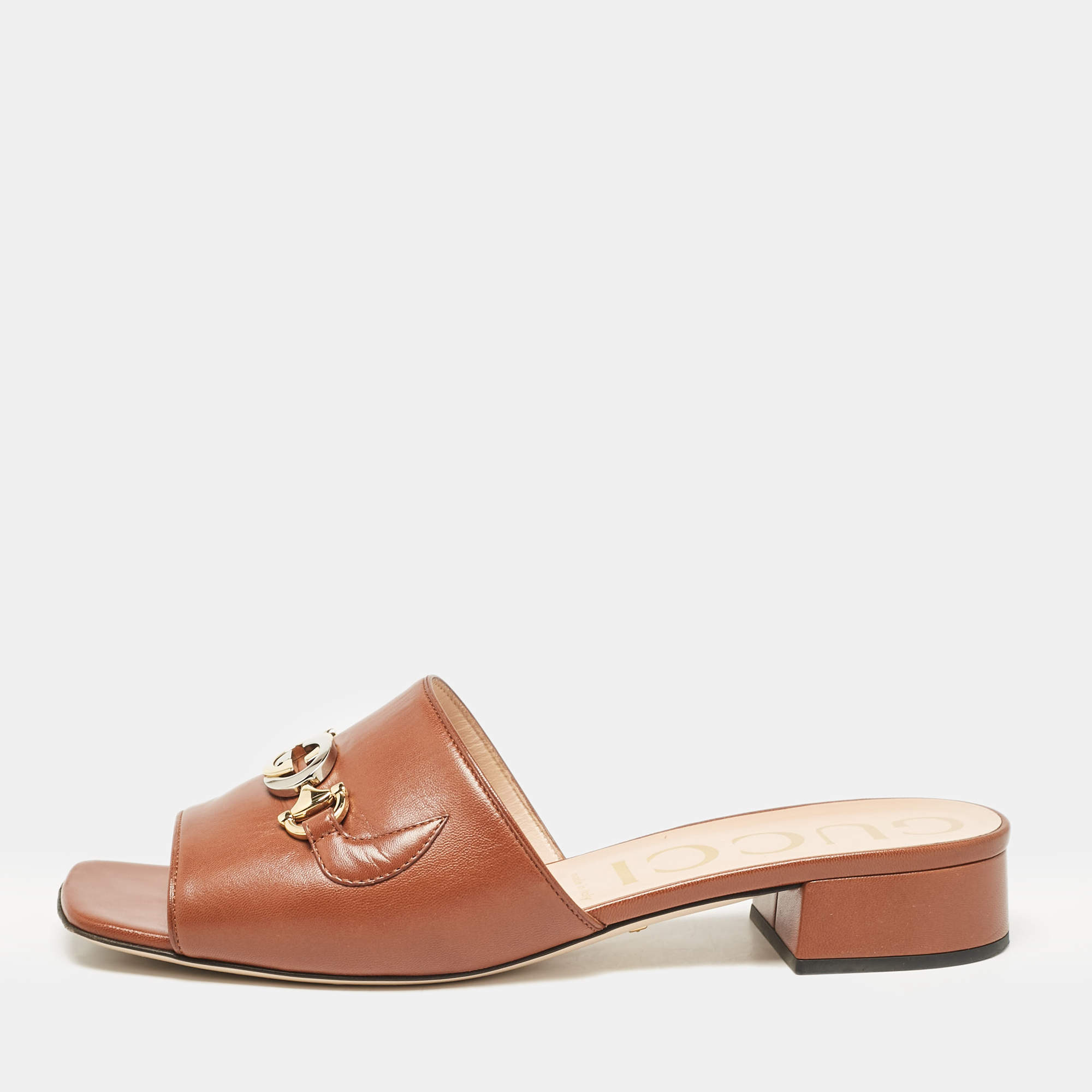 Gucci Brown Leather Zumi Slide Sandals Size 40.5