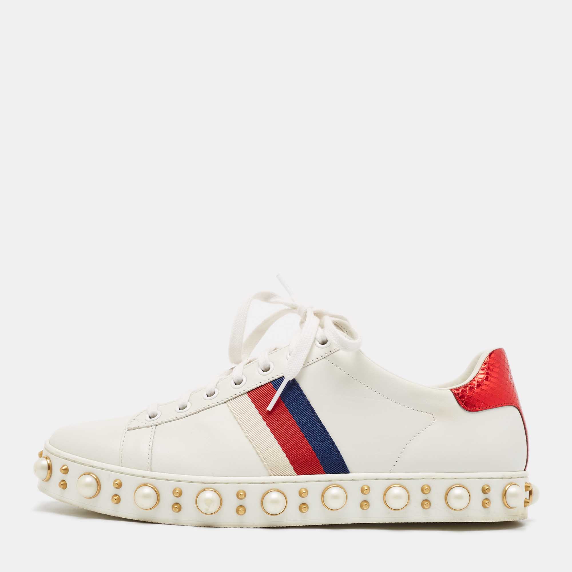 Gucci White Leather Studded and Pearl Embellished Ace Sneakers Size 40