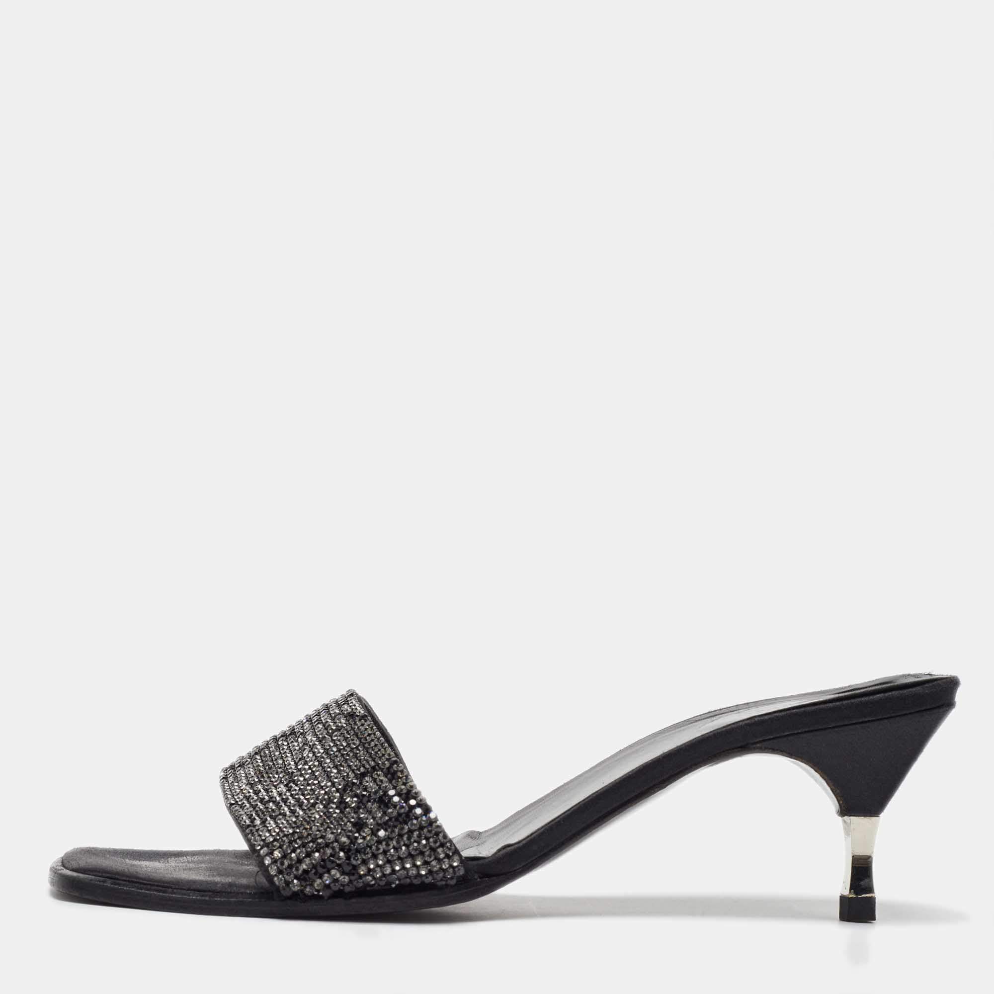 Gucci Black Fabric Crystal Embellished Slide Sandals Size 38.5