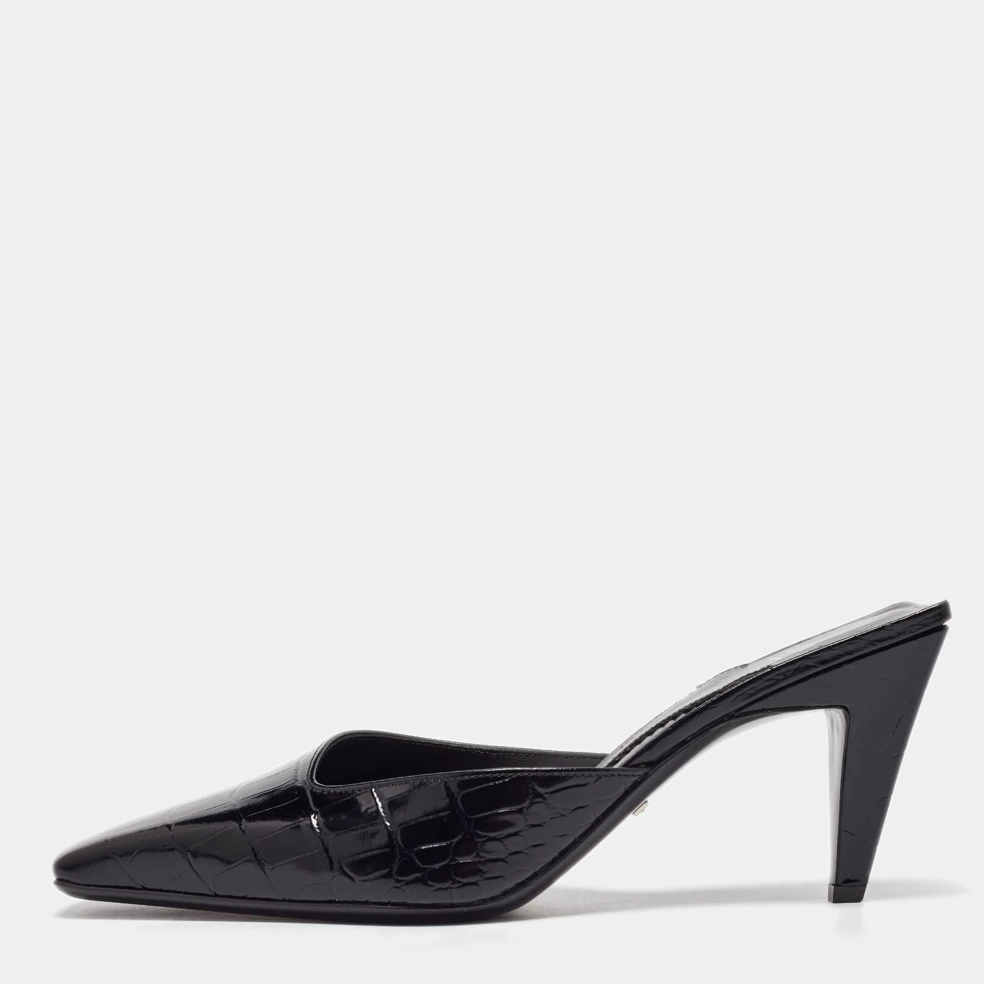 Gucci Black Croc Embossed Leather Mock Mules Size 38