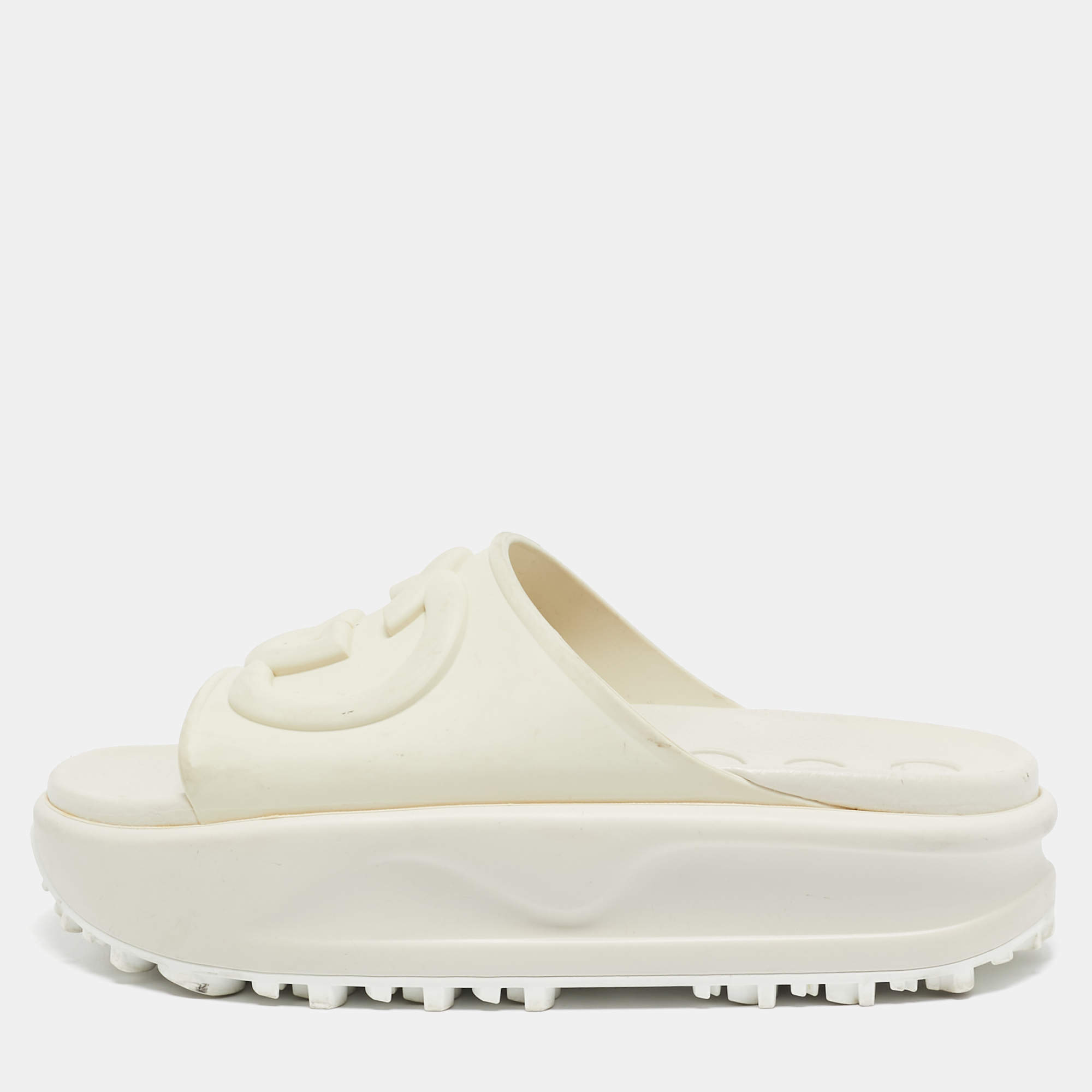 Pre Owned Gucci Cream Rubber GG Flat Sandals Size 36