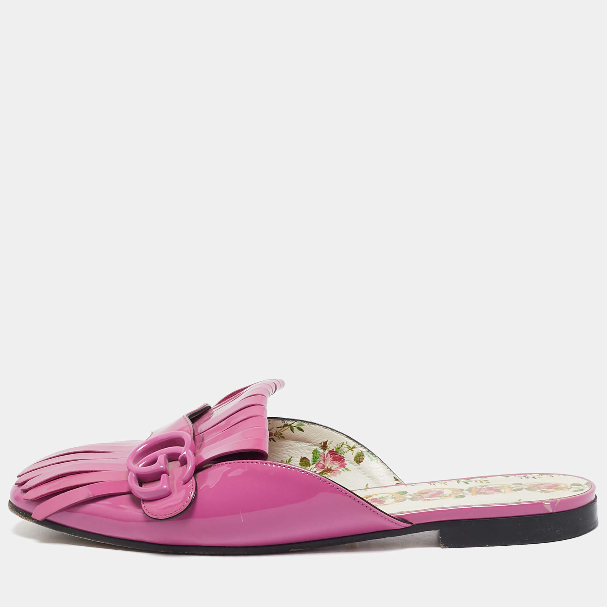 Pre Owned Gucci Purple Patent Leather GG Marmont Fringed Flat Mules Size 38.5