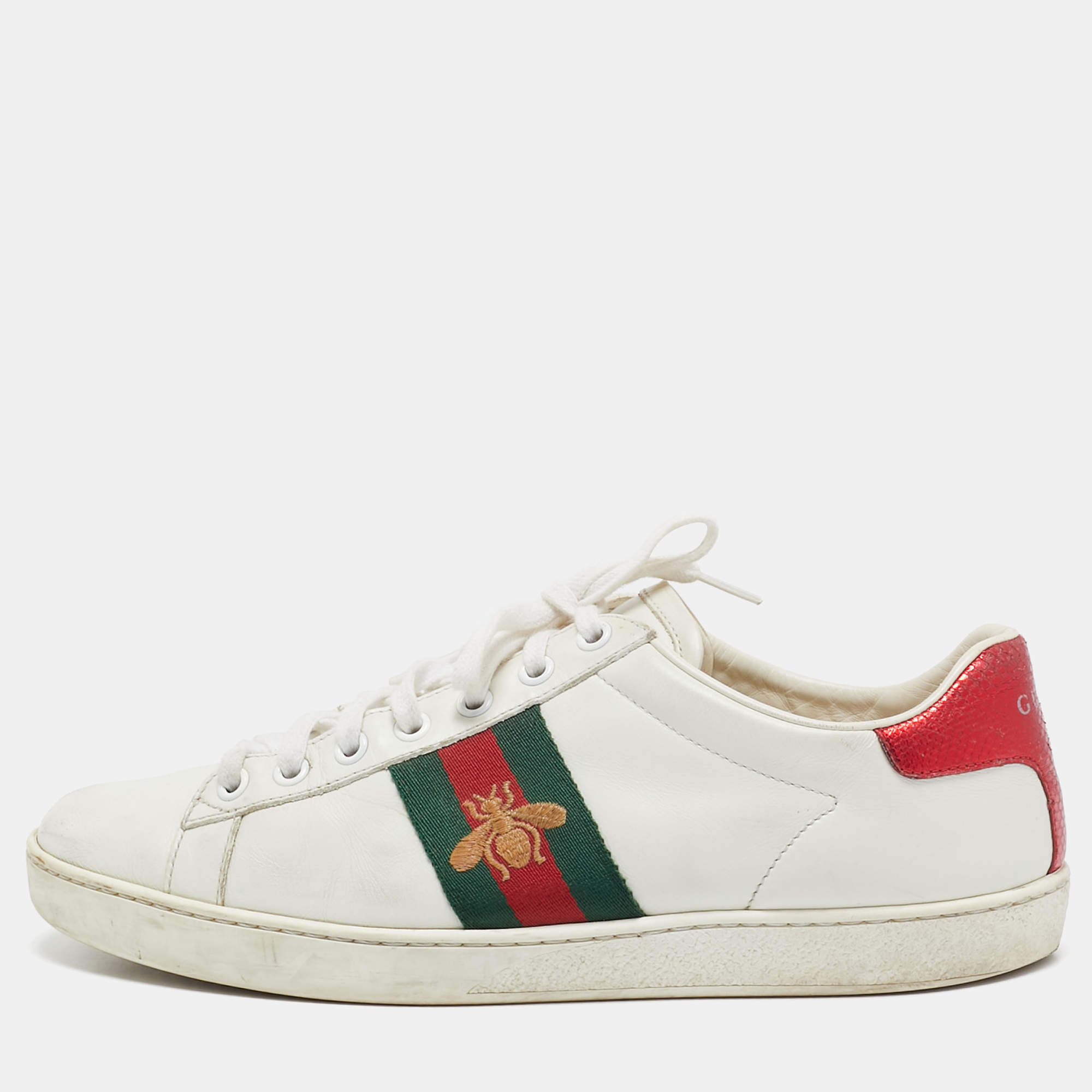 Pre Owned Gucci White Leather and Snakeskin Embossed Ace Lace Up Sneakers Size 38