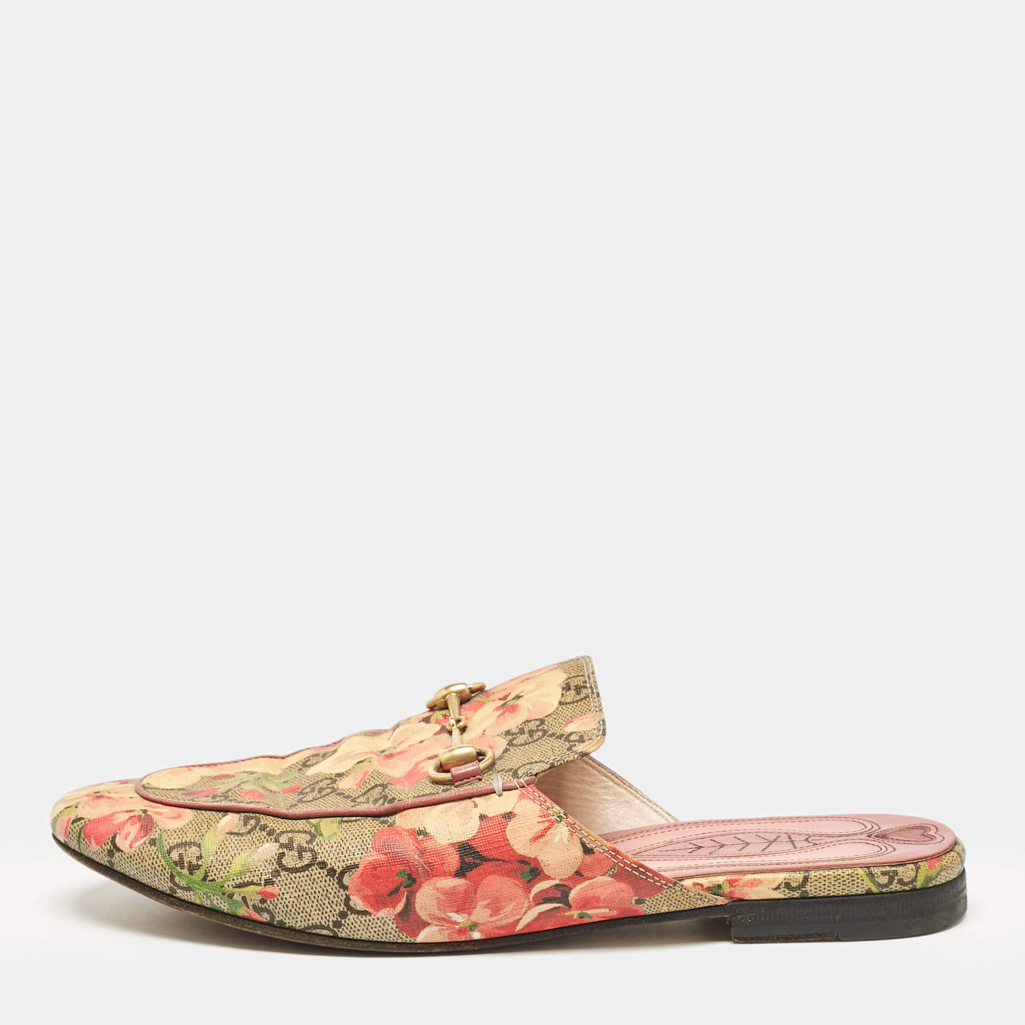 Pre Owned Gucci Beige/Brown GG Supreme Canvas Blooms Print Princetown Flat Mules Size 39