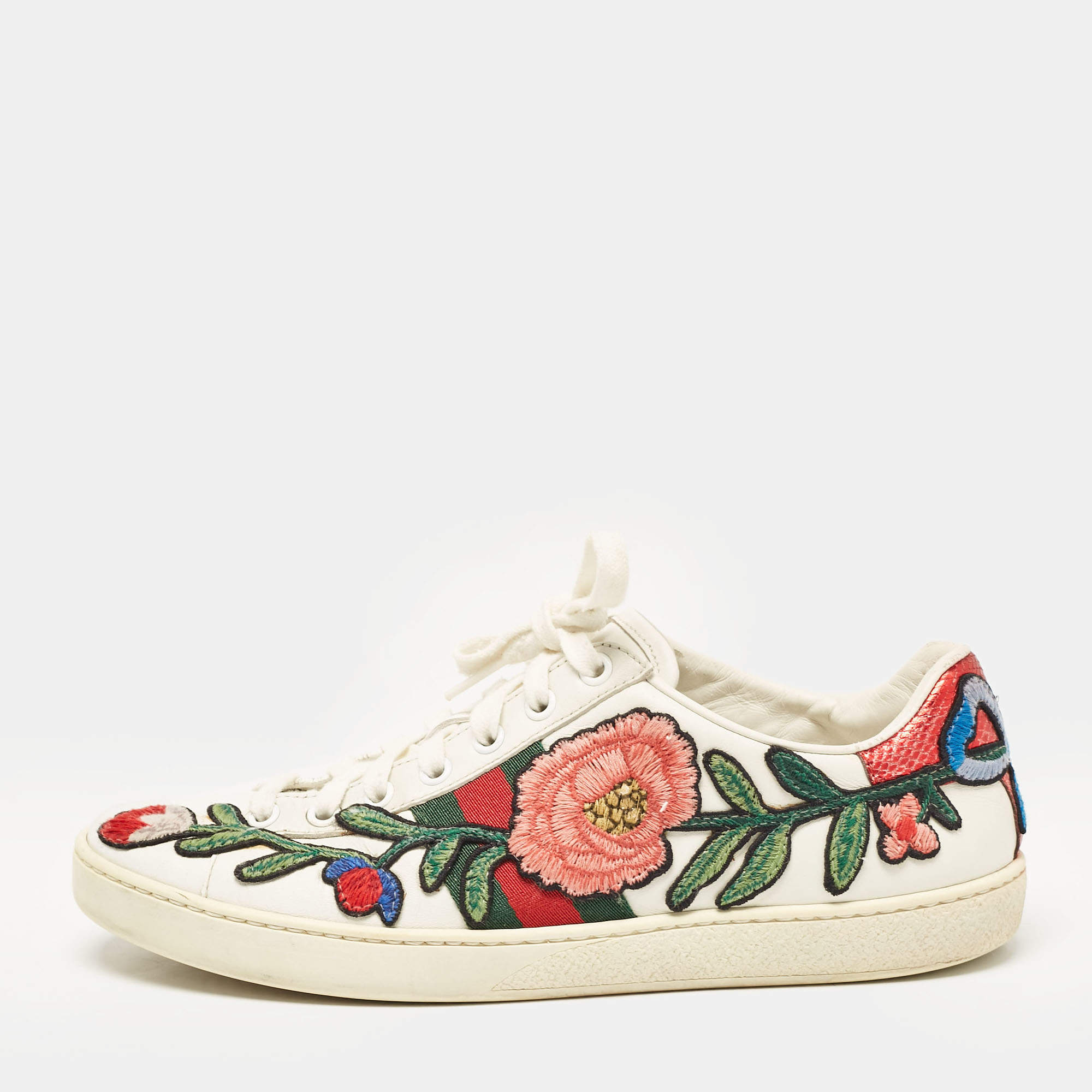 Gucci White Leather and Python Embossed Leather Ace Lace Up Sneakers Size 38