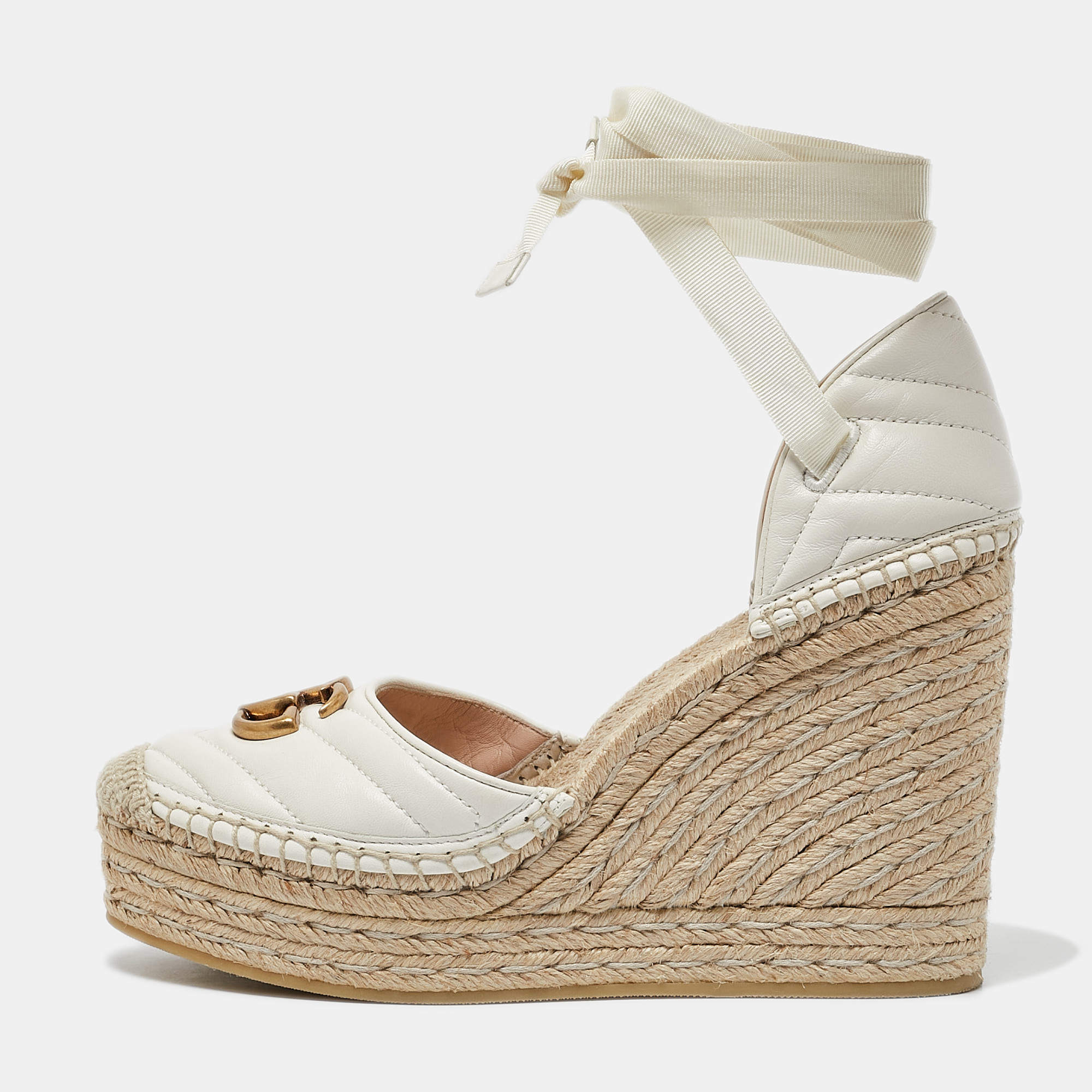 Gucci  White Leather GG Marmont Platform Wedge Espadrilles Size 39