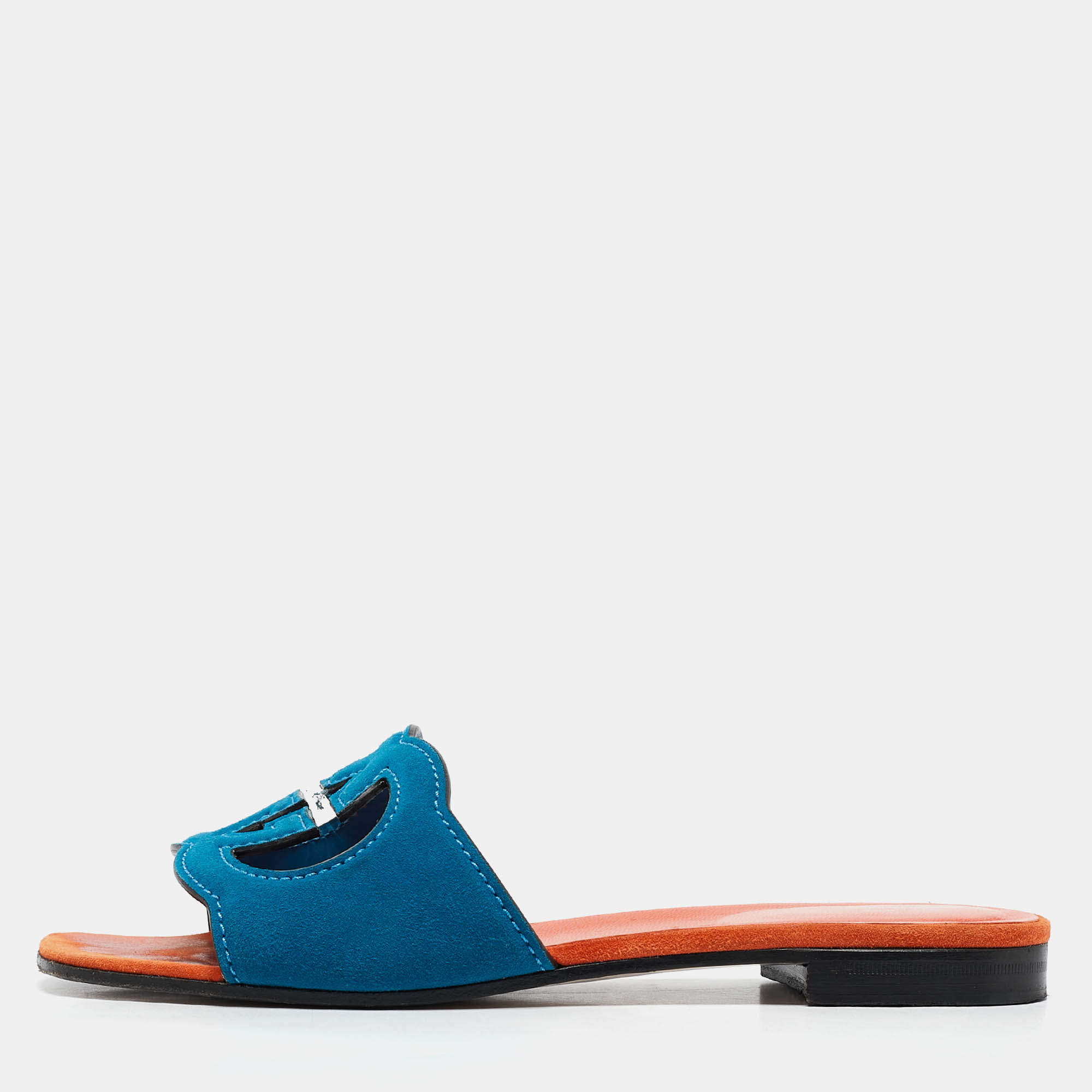 Pre Owned Gucci Blue Suede Interlocking G Flat Slides Size 37