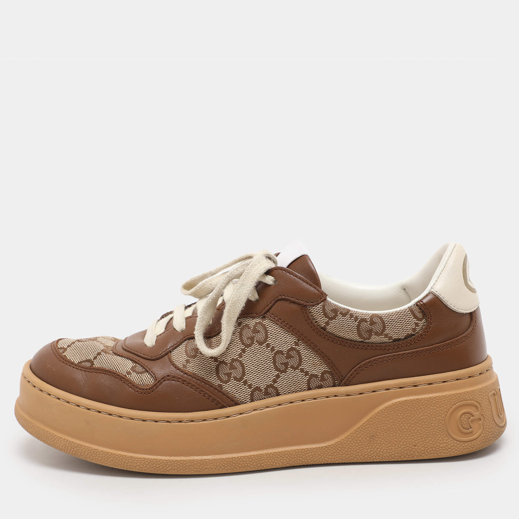 Gucci Beige/Brown Leather GG Canvas Trainers Sneakers Size 37