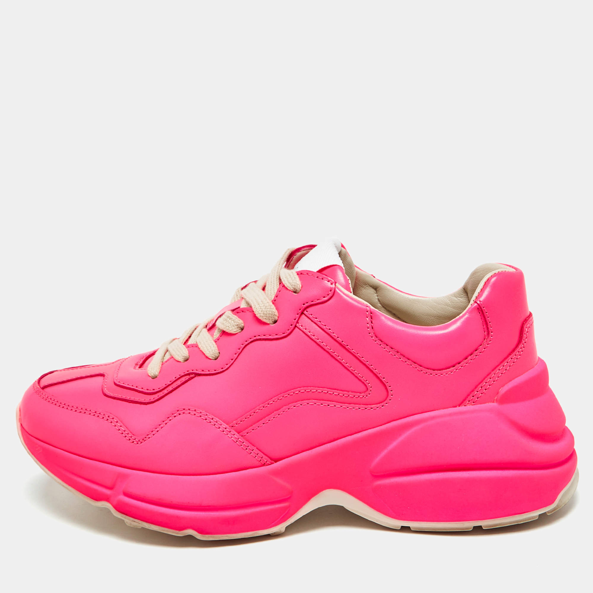 Gucci Neon Pink Leather Rhyton Lace Up Sneakers Size 35