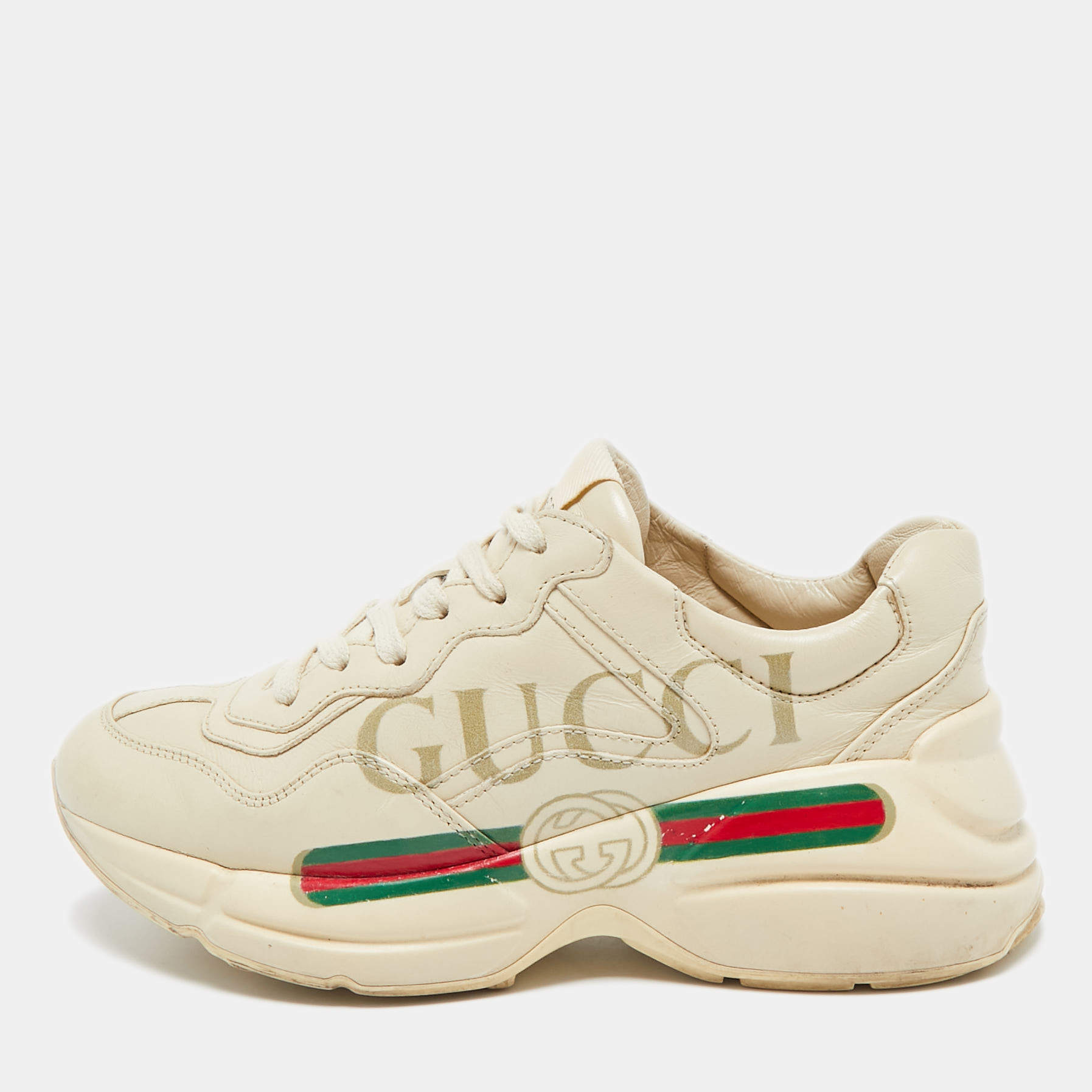 Gucci Cream Leather Rhyton Lace Up Sneakers Size 35.5