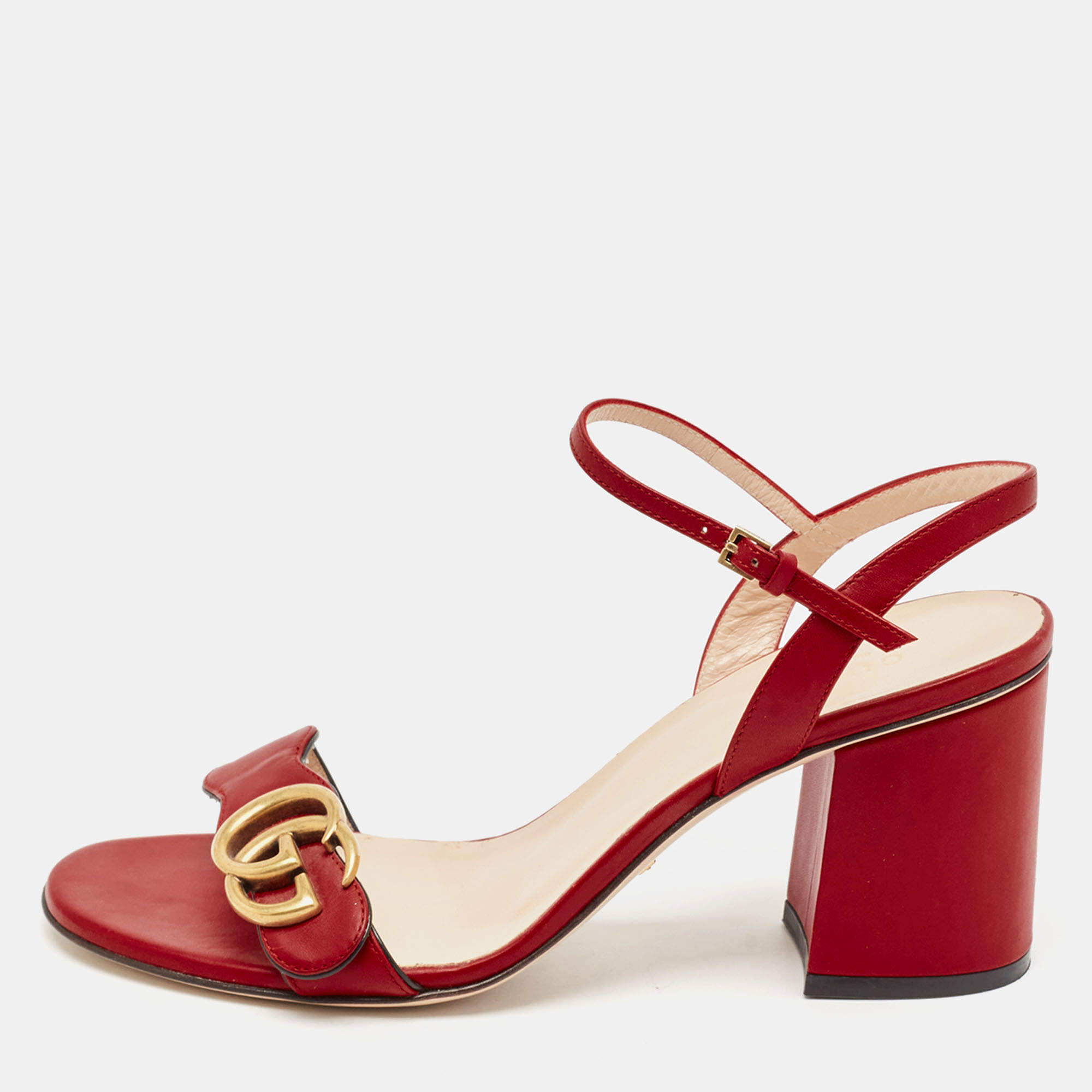 Pre Owned Gucci Red Leather GG Marmont Ankle Strap Sandals Size 37.5