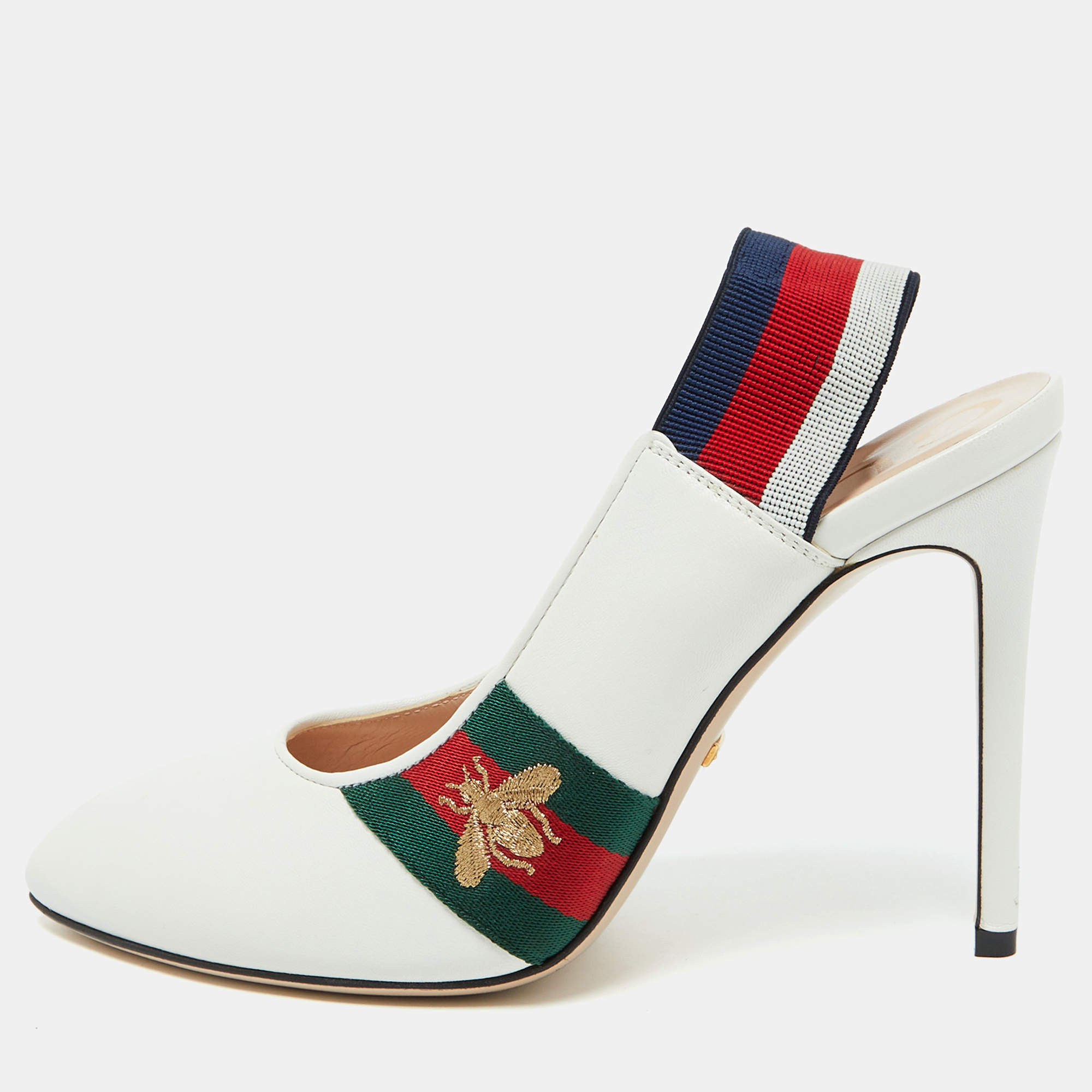 Gucci White Leather Web Detail Sylvie Slingback Pumps Size 38.5