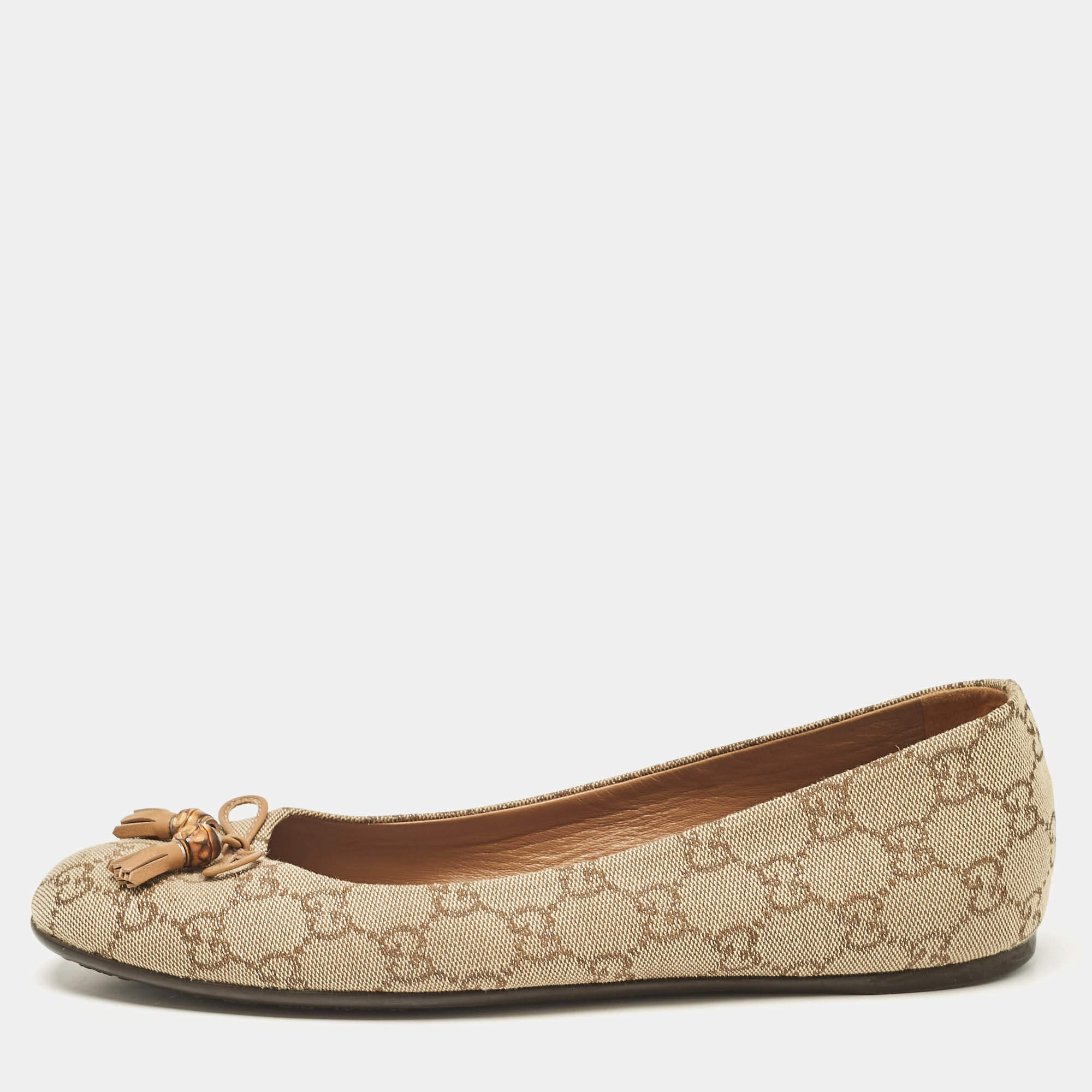 Pre Owned Gucci Brown/Beige GG Canvas Bamboo Tassel Bow Ballet Flats Size 39.5