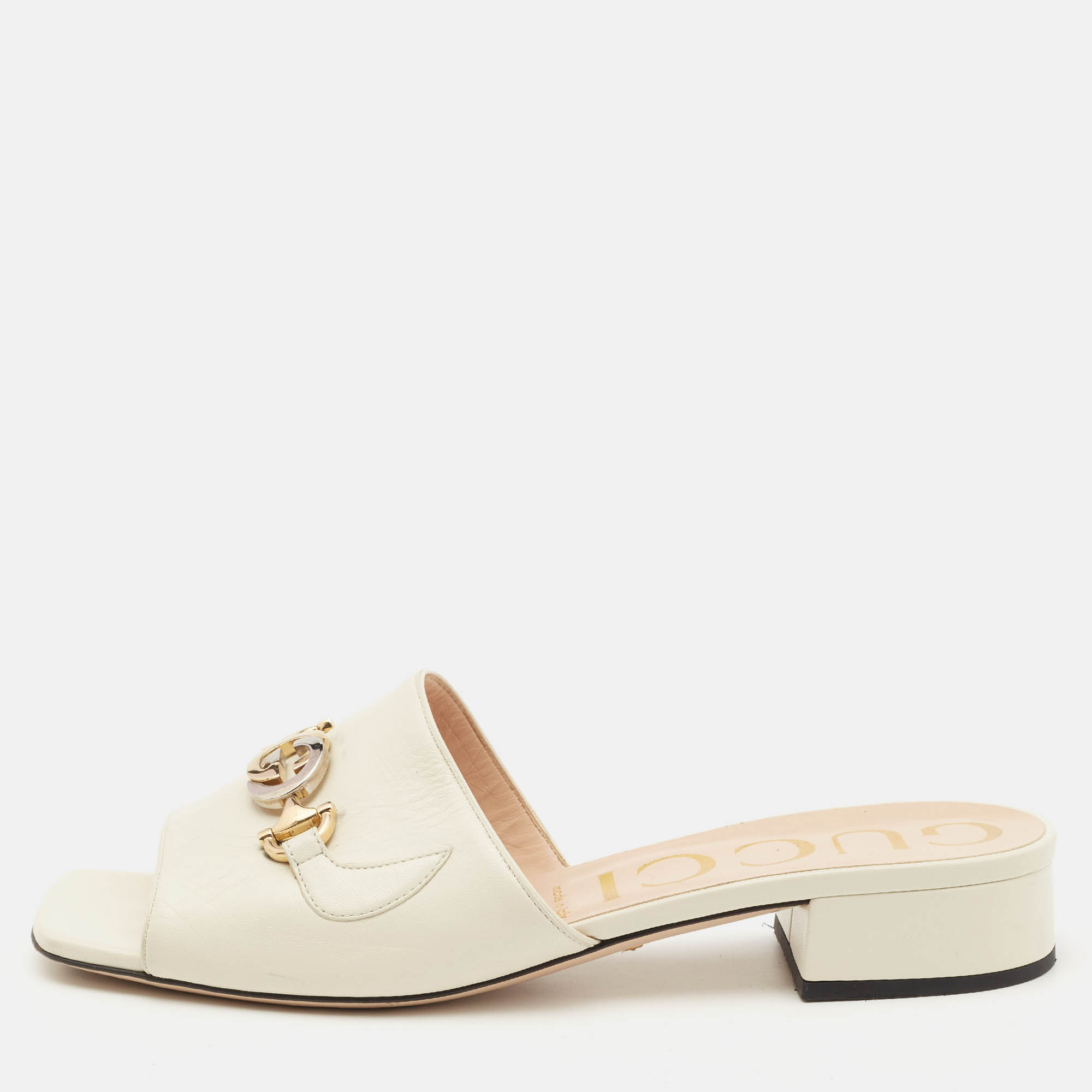 Pre Owned Gucci Off White Leather Zumi Logo Slide Sandals Size 39