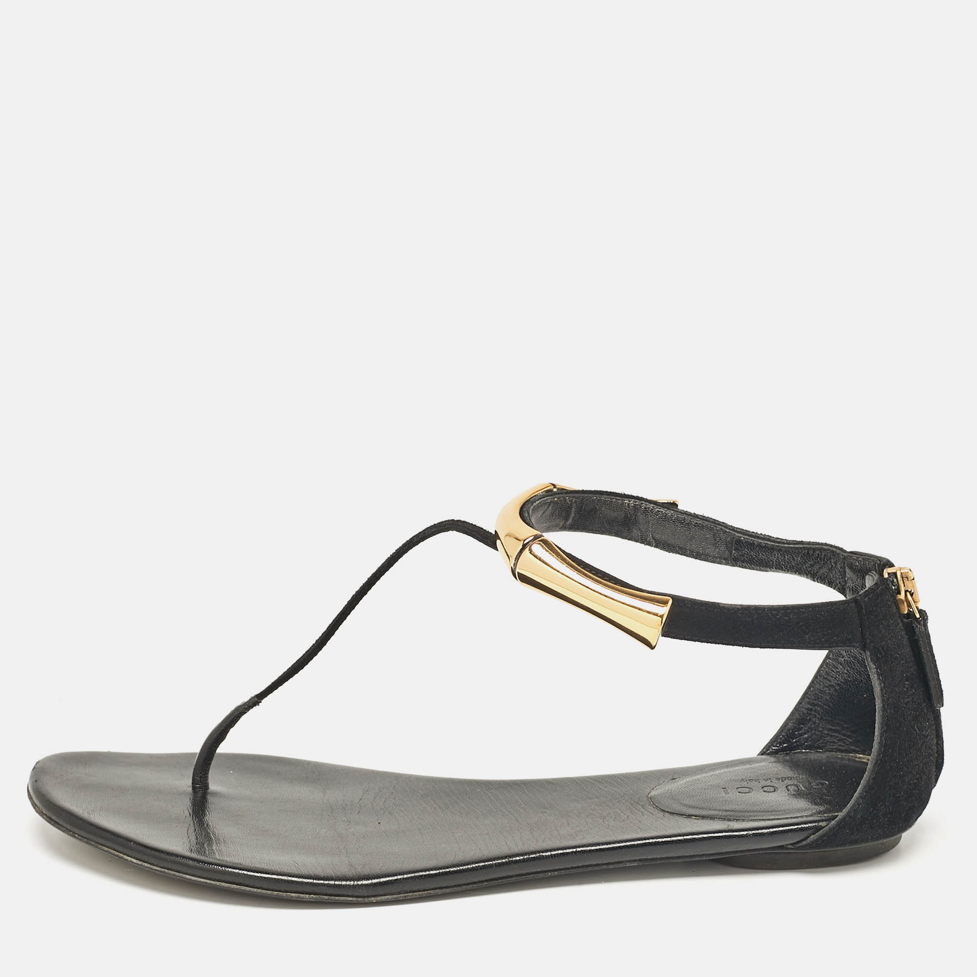 Gucci Black Suede Thong Flat Sandals Size 38.5