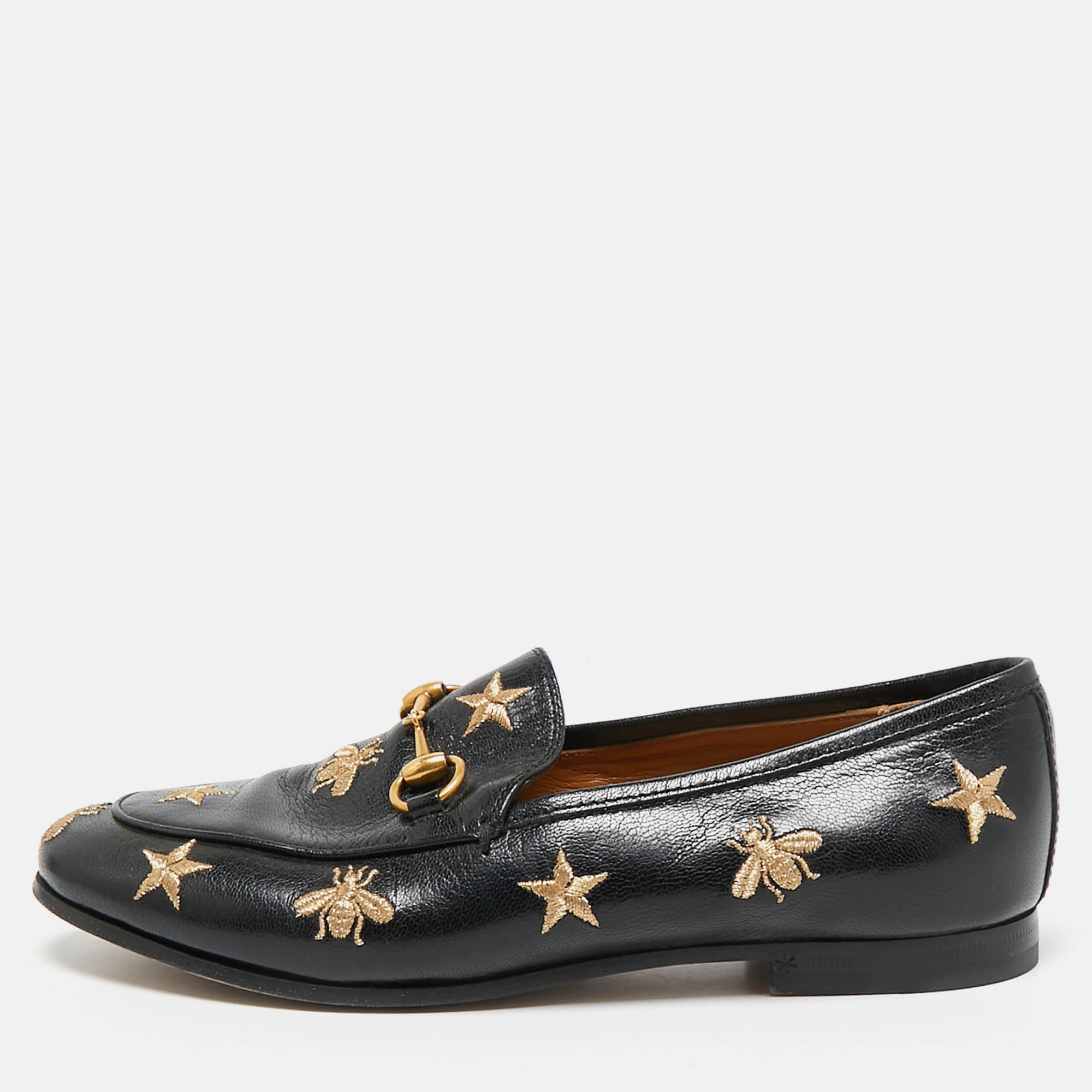 Gucci Black Leather Embroidered Star Bee Horsebit Loafers Size 35