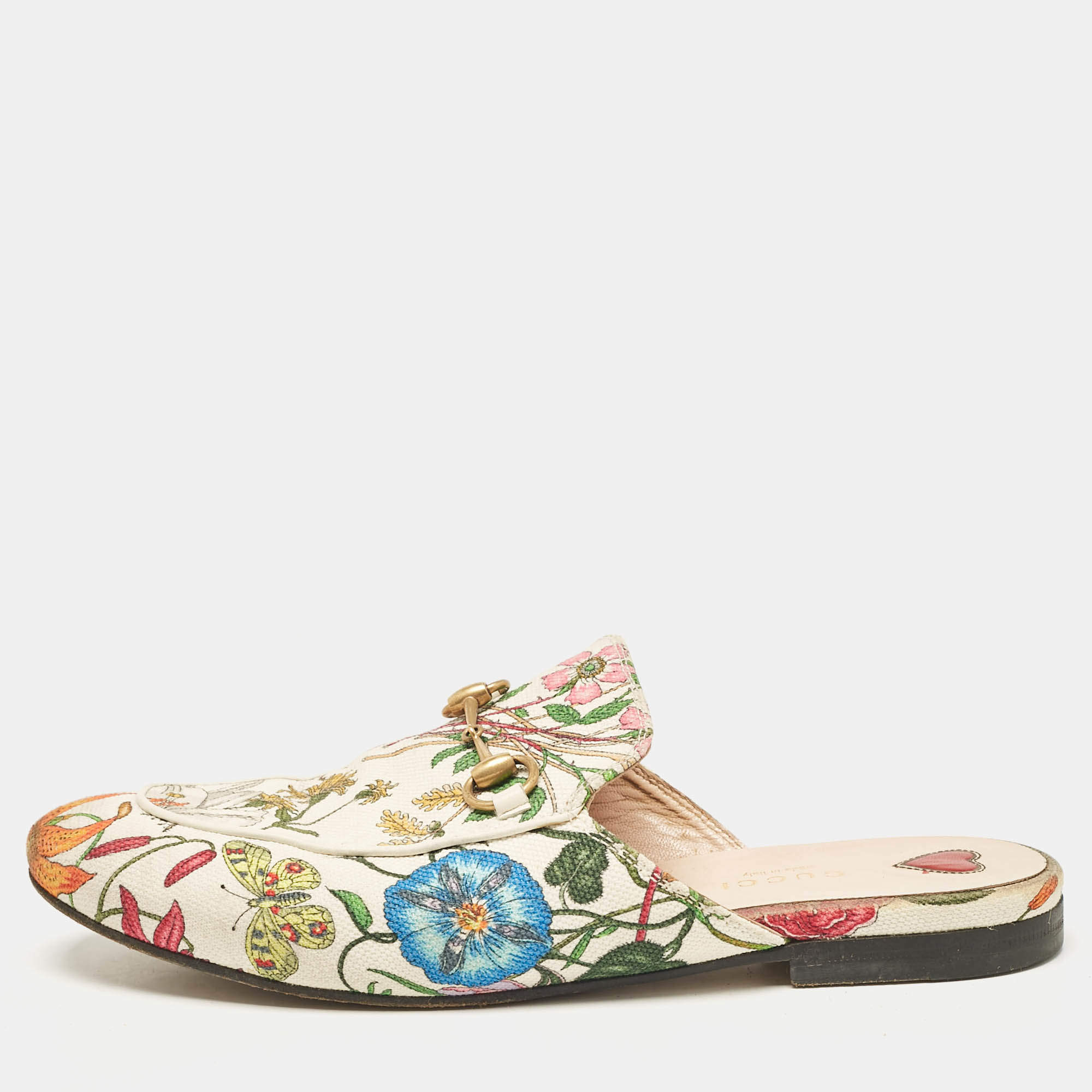 Pre Owned Gucci Multicolor Floral Canvas Princetown Horsebit Flat Mules Size 38