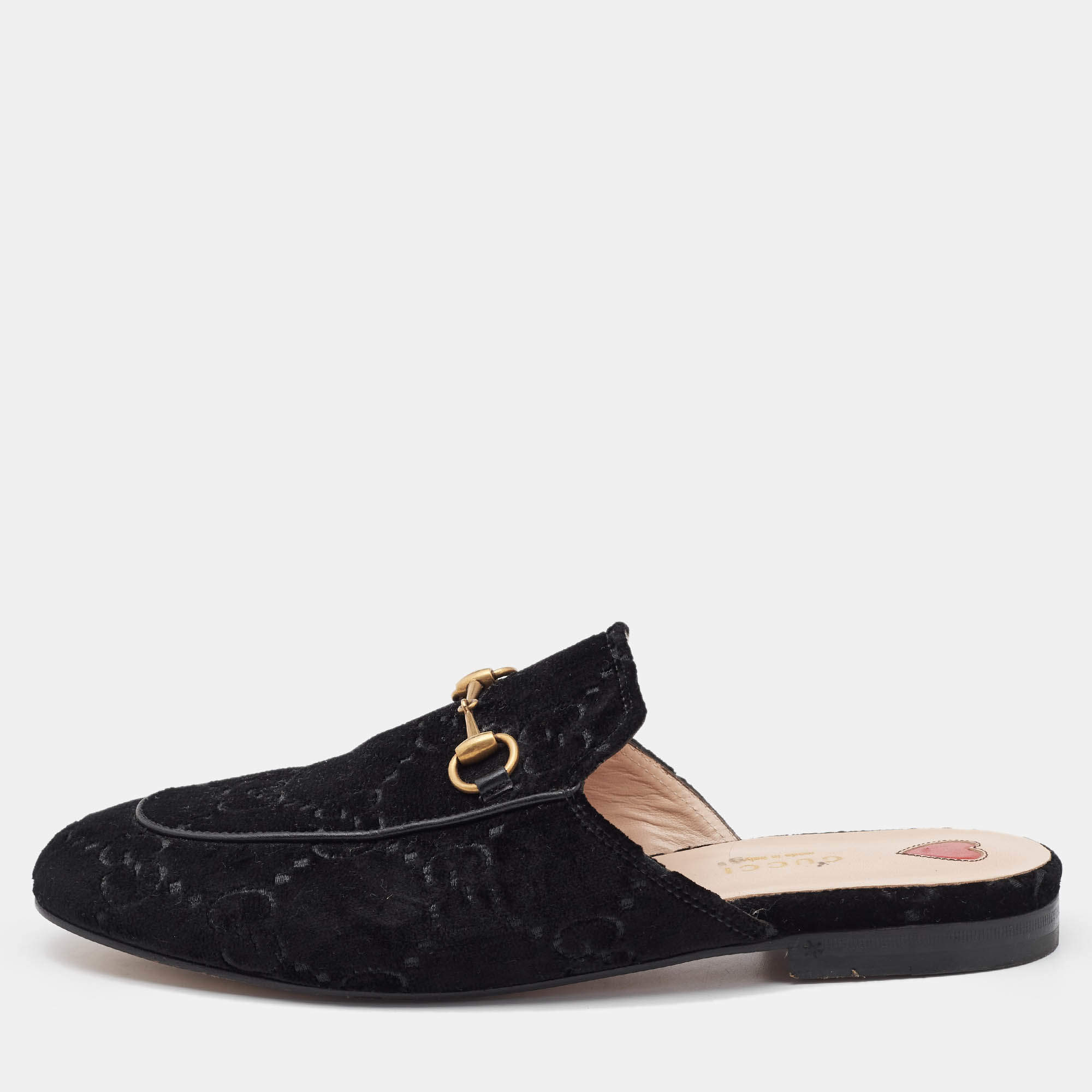Pre Owned Gucci Black GG Velvet Princetown Horsebit Flat Mules Size 39