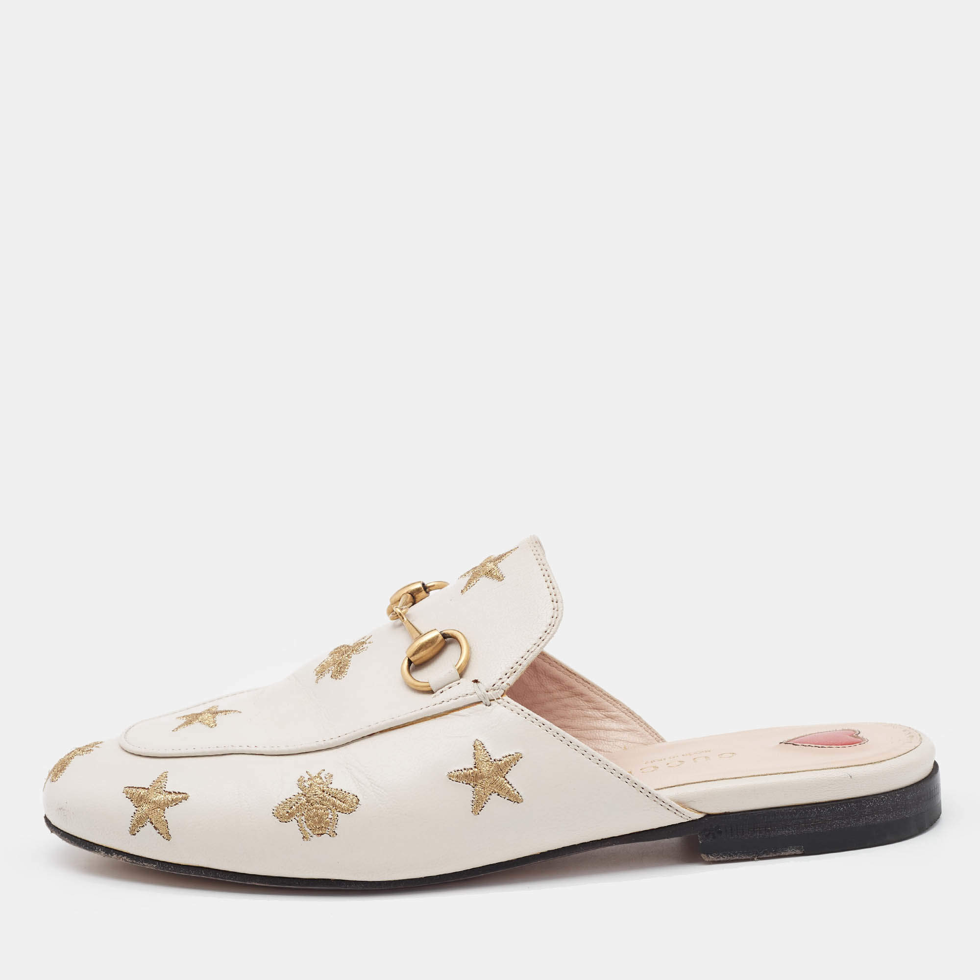 Gucci Cream Leather Bee and Star Embroidered Princetown Mules Size 36