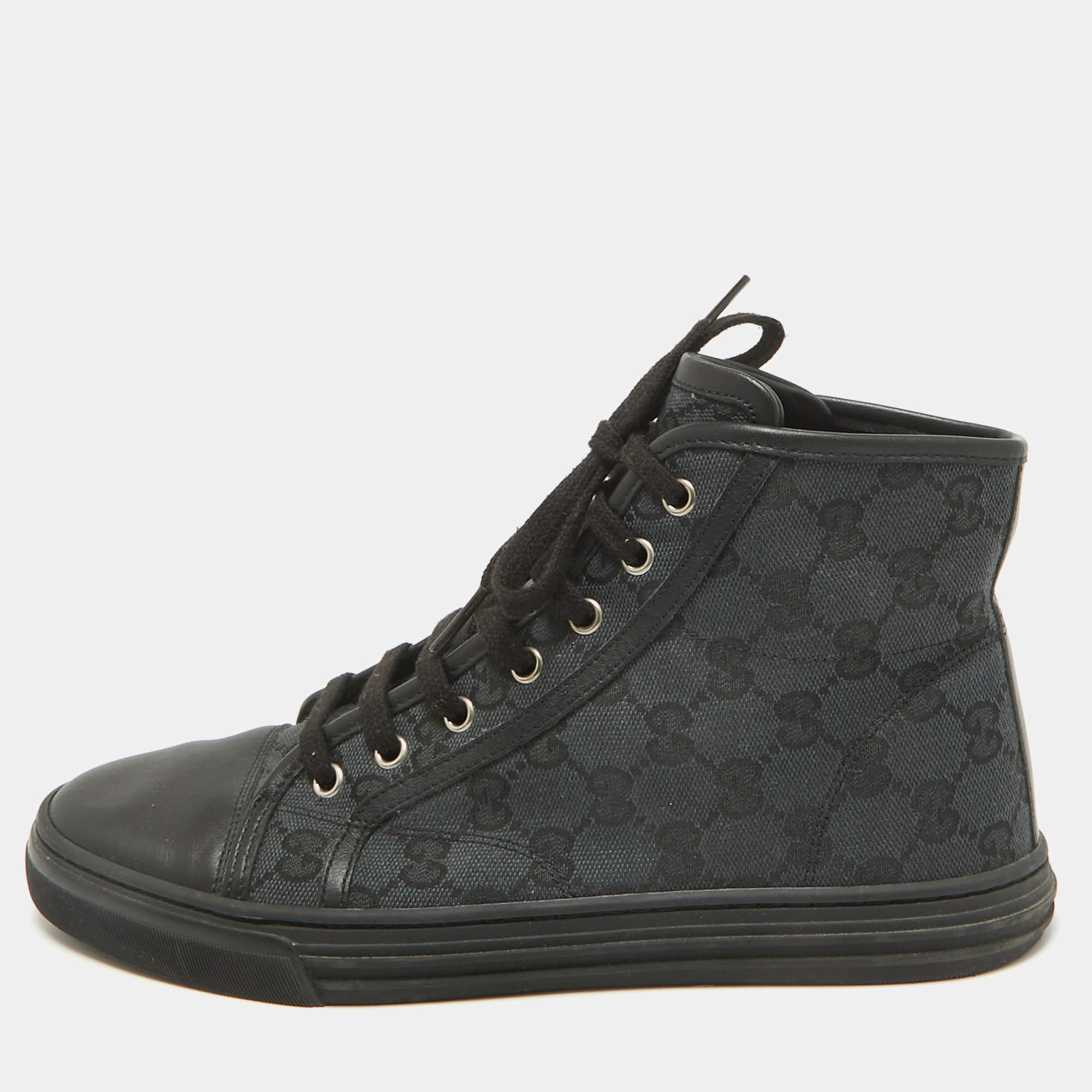 Gucci Black GG Canvas and Leather Cap Toe High Top Sneakers Size 38.5