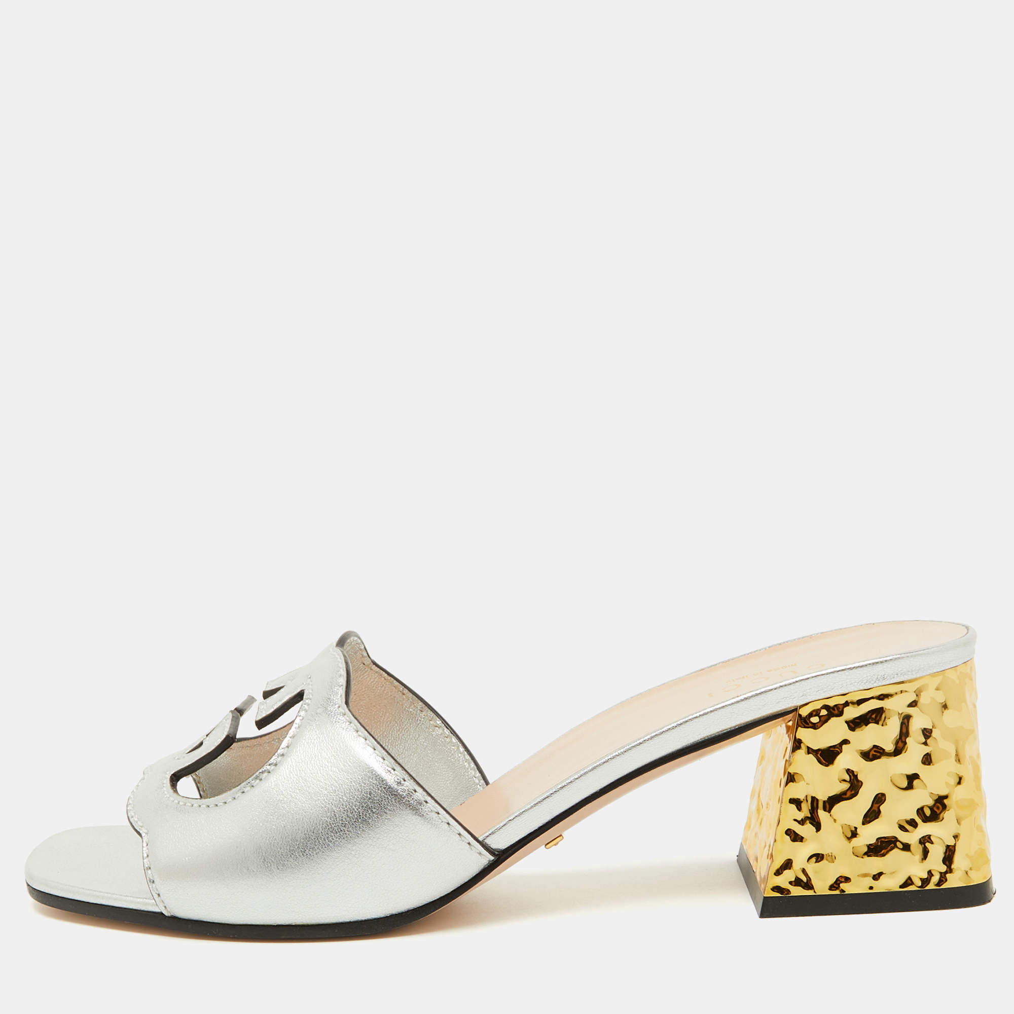 Gucci Silver Leather Cut Out Interlocking G Slide Sandals Size 39.5