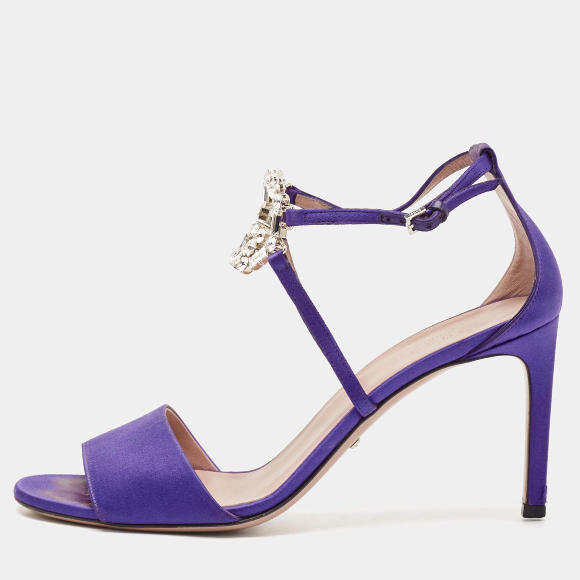 Pre Owned Gucci Purple Satin Crystal Embellished Interlocking G Ankle Strap Sandals Size 38