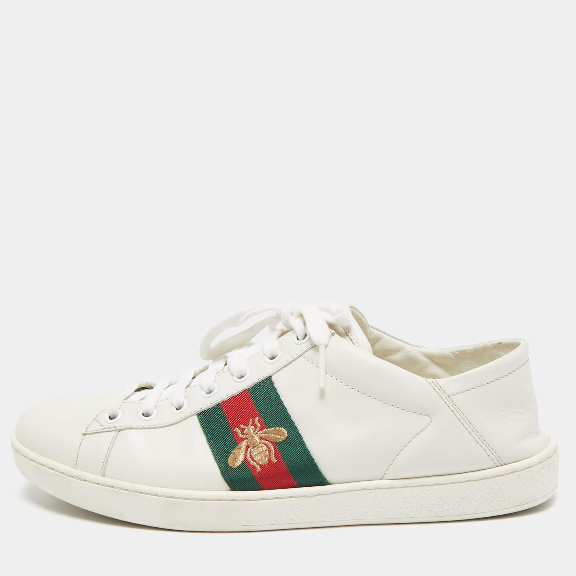 Gucci White Leather Ace Bee Embroidered Low Top Sneakers Size 39