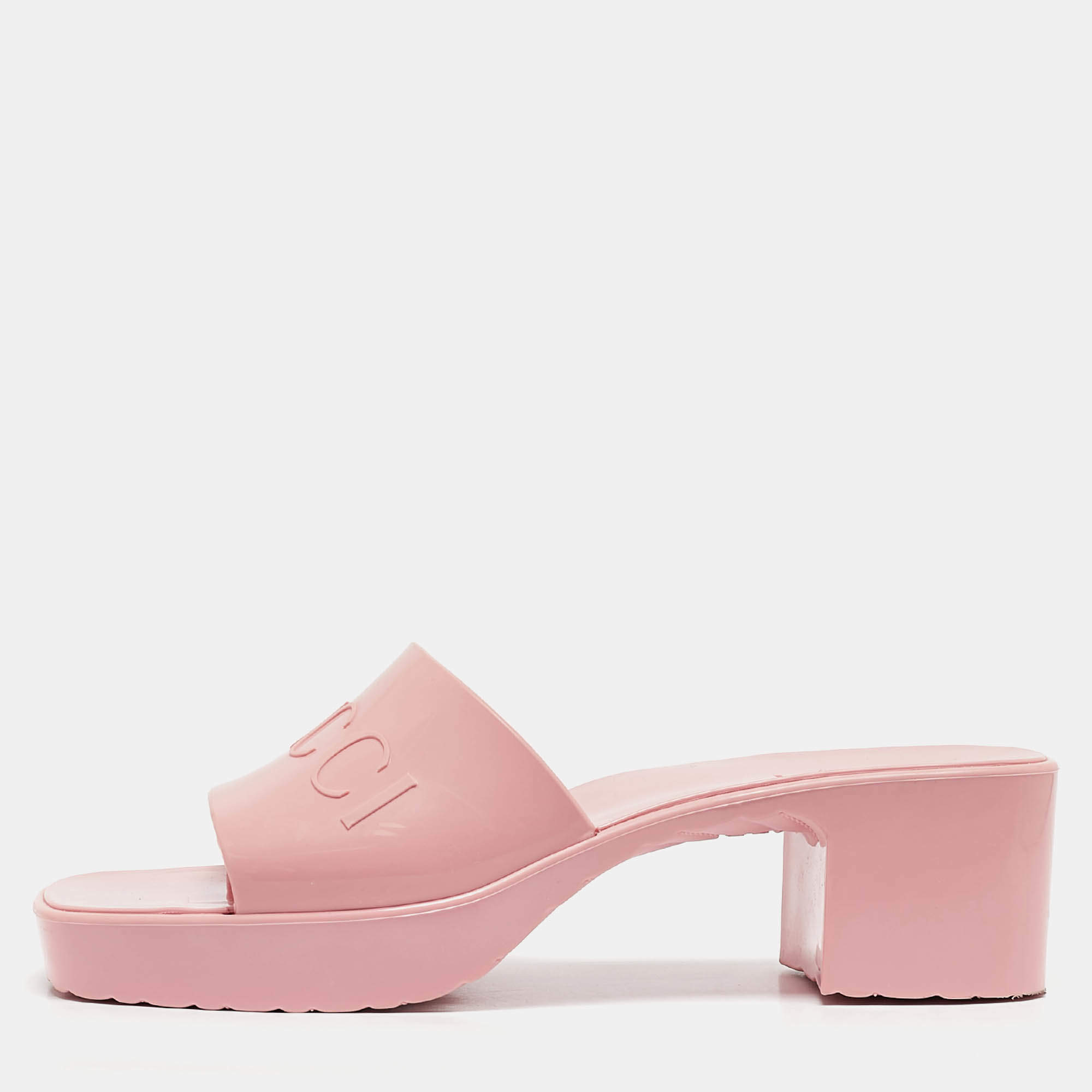Gucci Pink Rubber Logo Embossed Platform Slide Sandals Size 38
