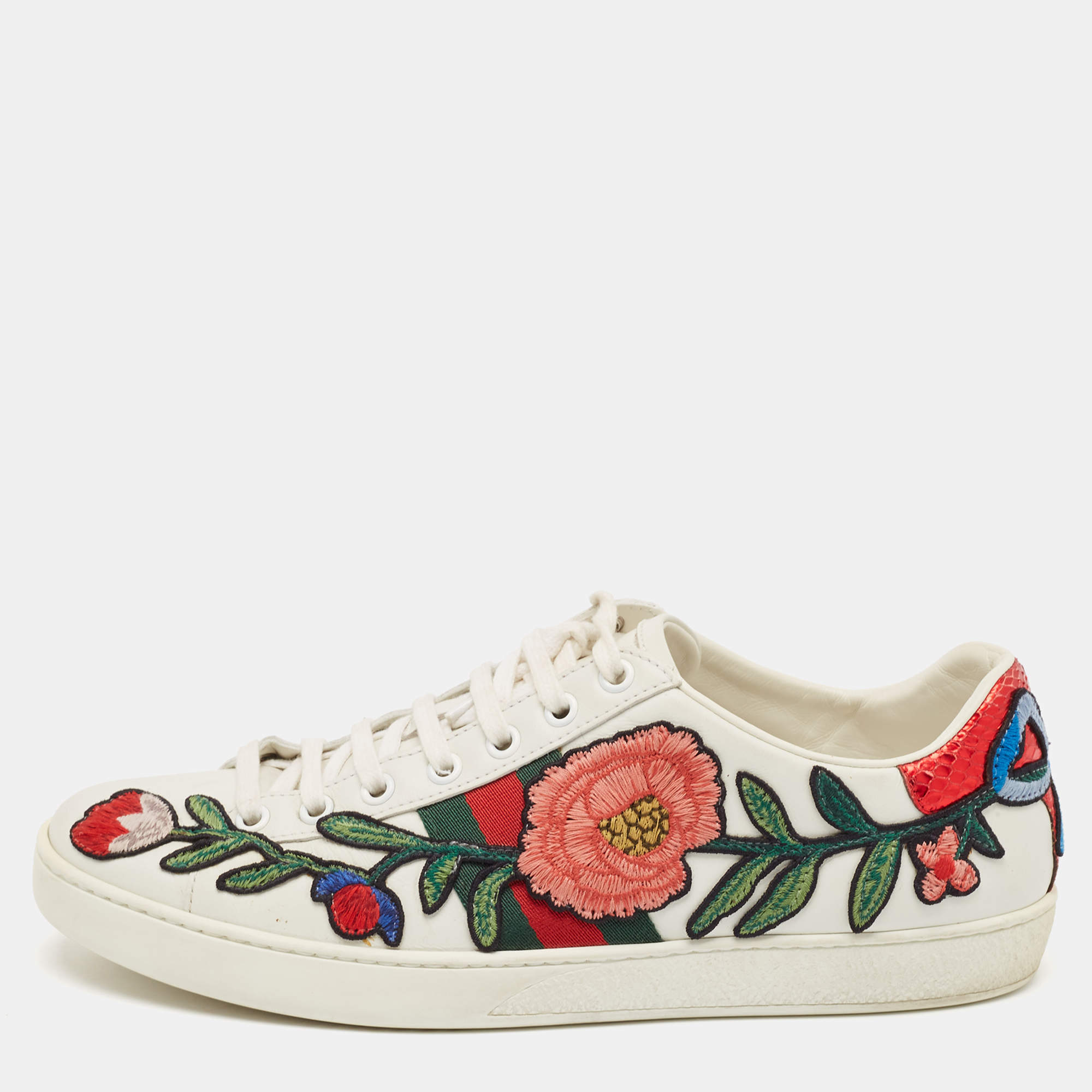 Gucci White Leather and Python Embossed Ace Low Top Sneakers Size 39