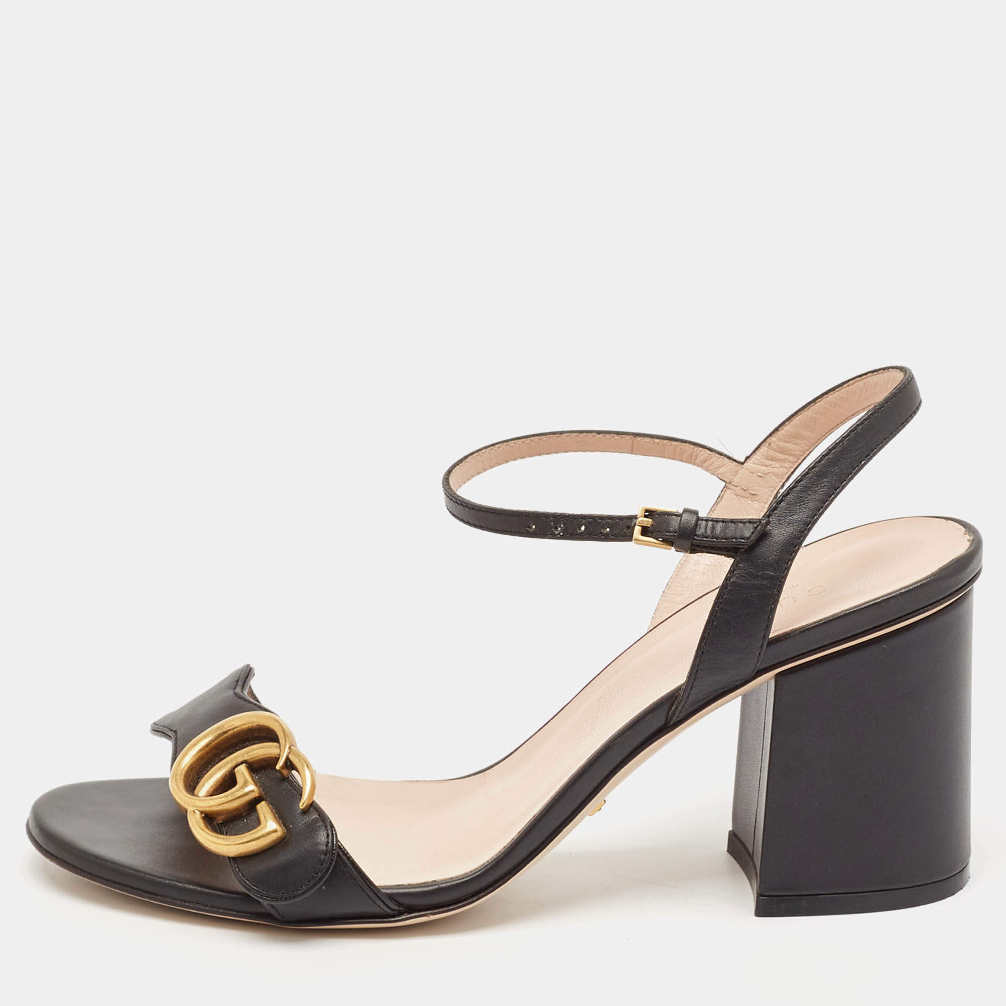 مملوكة مسبقًا Gucci Black Leather GG Marmont Ankle Strap Sandals Size 37