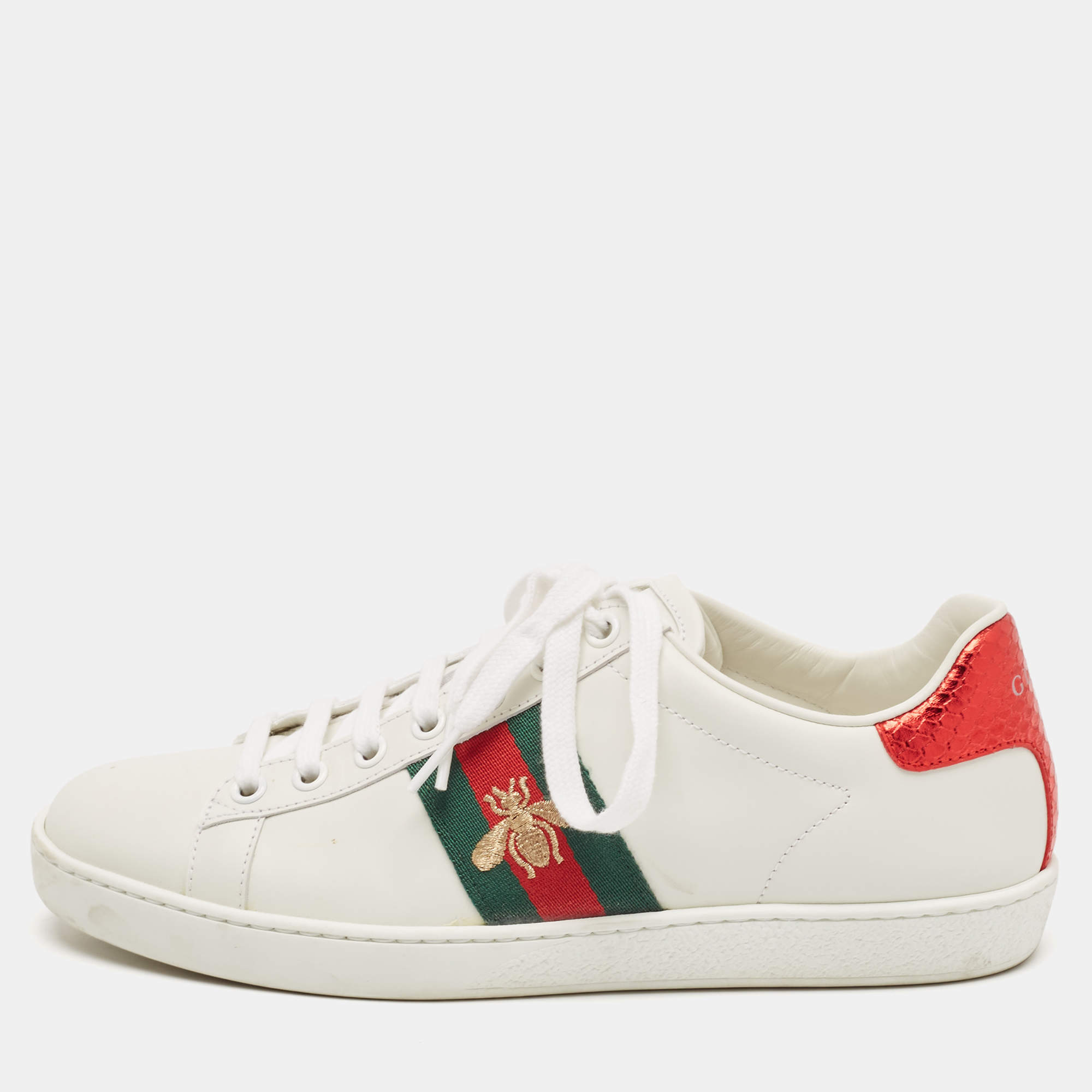 Gucci White Leather Ace Bee Embroidered Low Top Sneakers Size 37