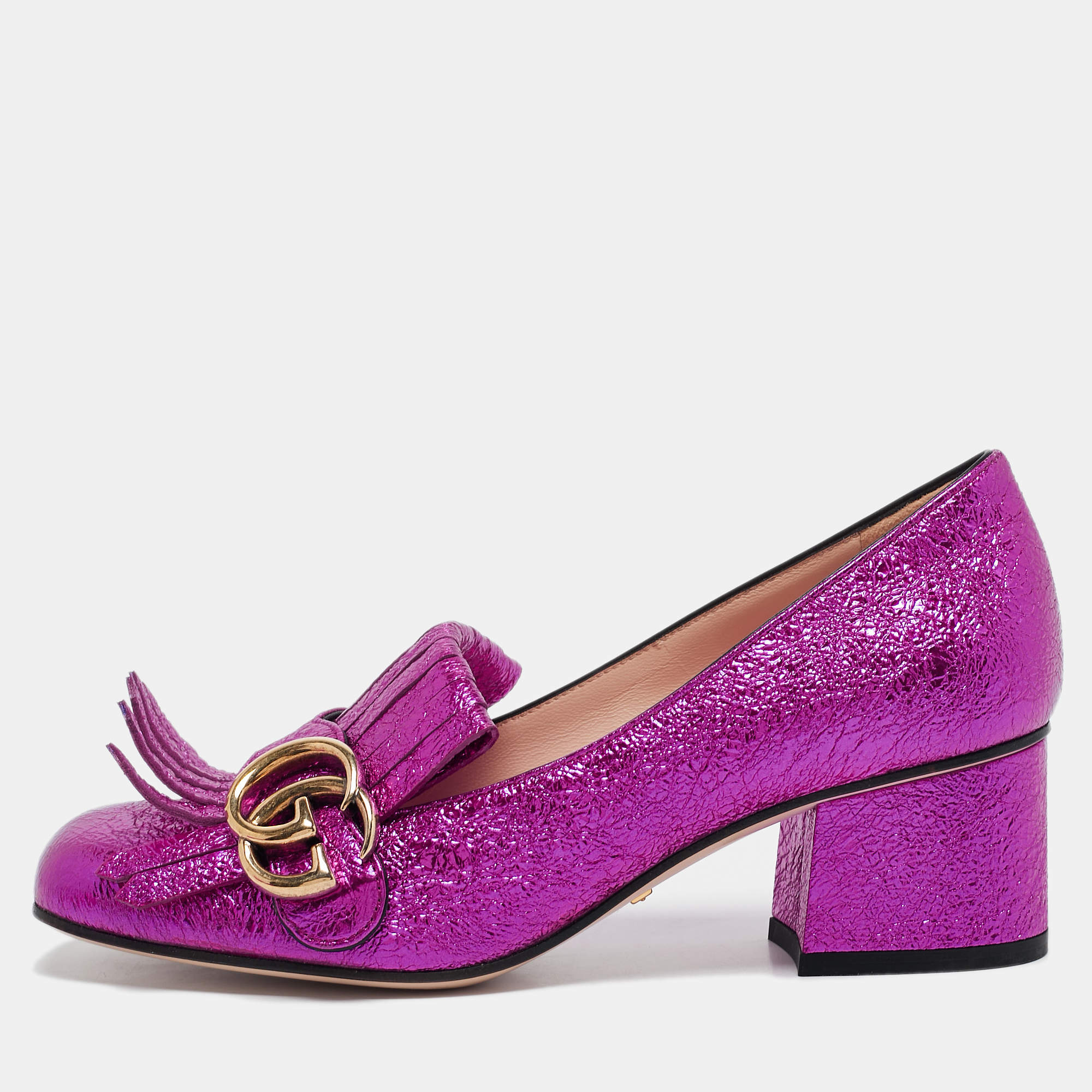 Gucci Metallic Pink Leather GG Marmont Block Heel Pumps Size 35