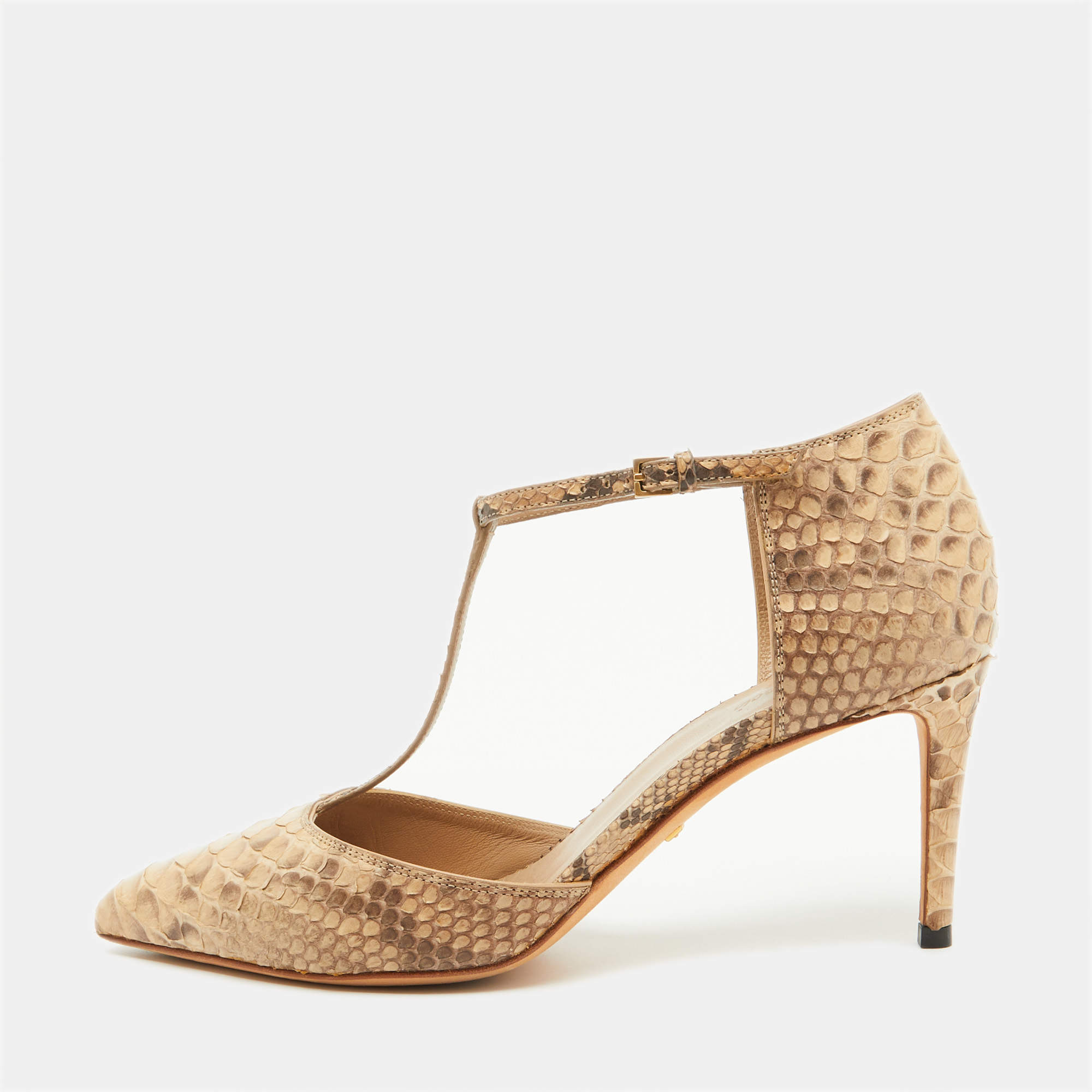 Gucci Beige/Brown Python Pointed Toe T-Strap Pumps Size 36.5