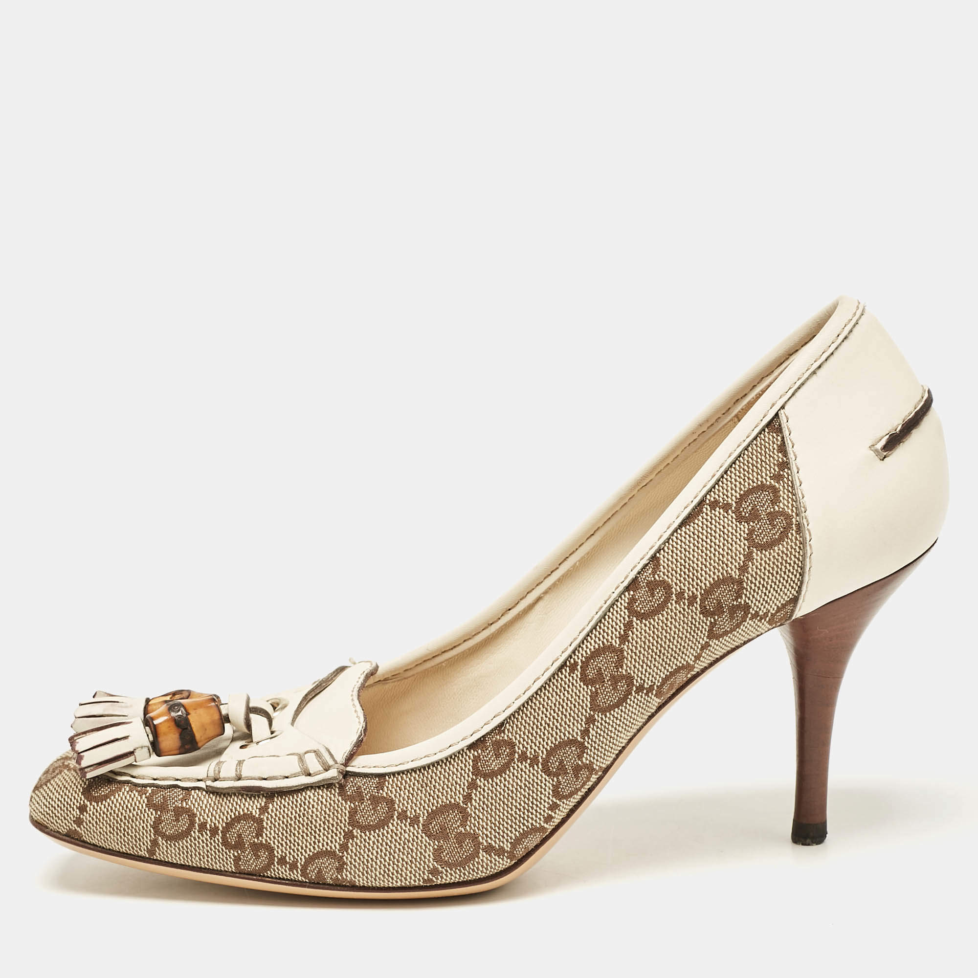 Gucci Brown/Cream Monogram Canvas and Leather Loafer Pumps Size 36.5