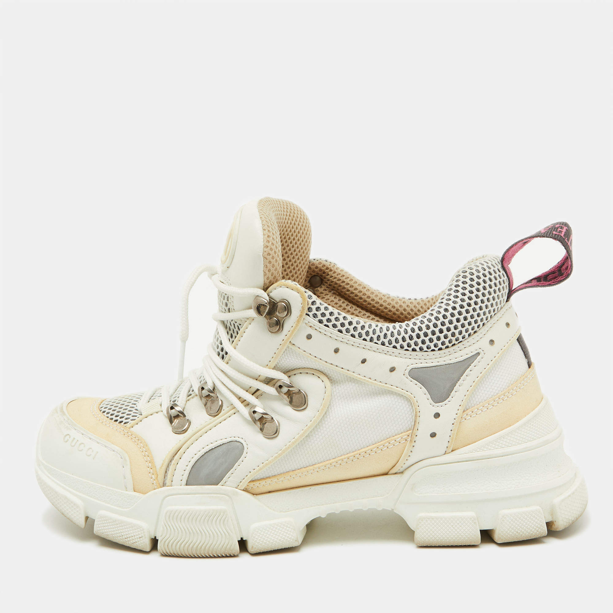 Gucci White/Cream Mesh and Leather Logo Flashtrek Sneakers Size 39