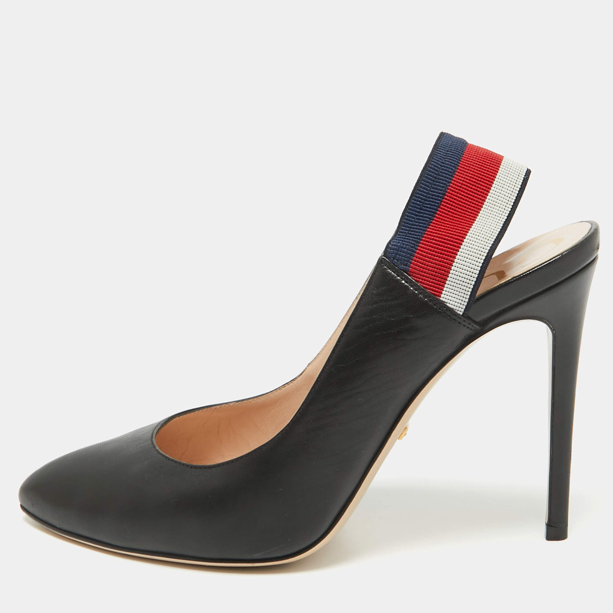 Gucci Black Leather Sylvie Web Detail Slingback Pumps Size 39.5