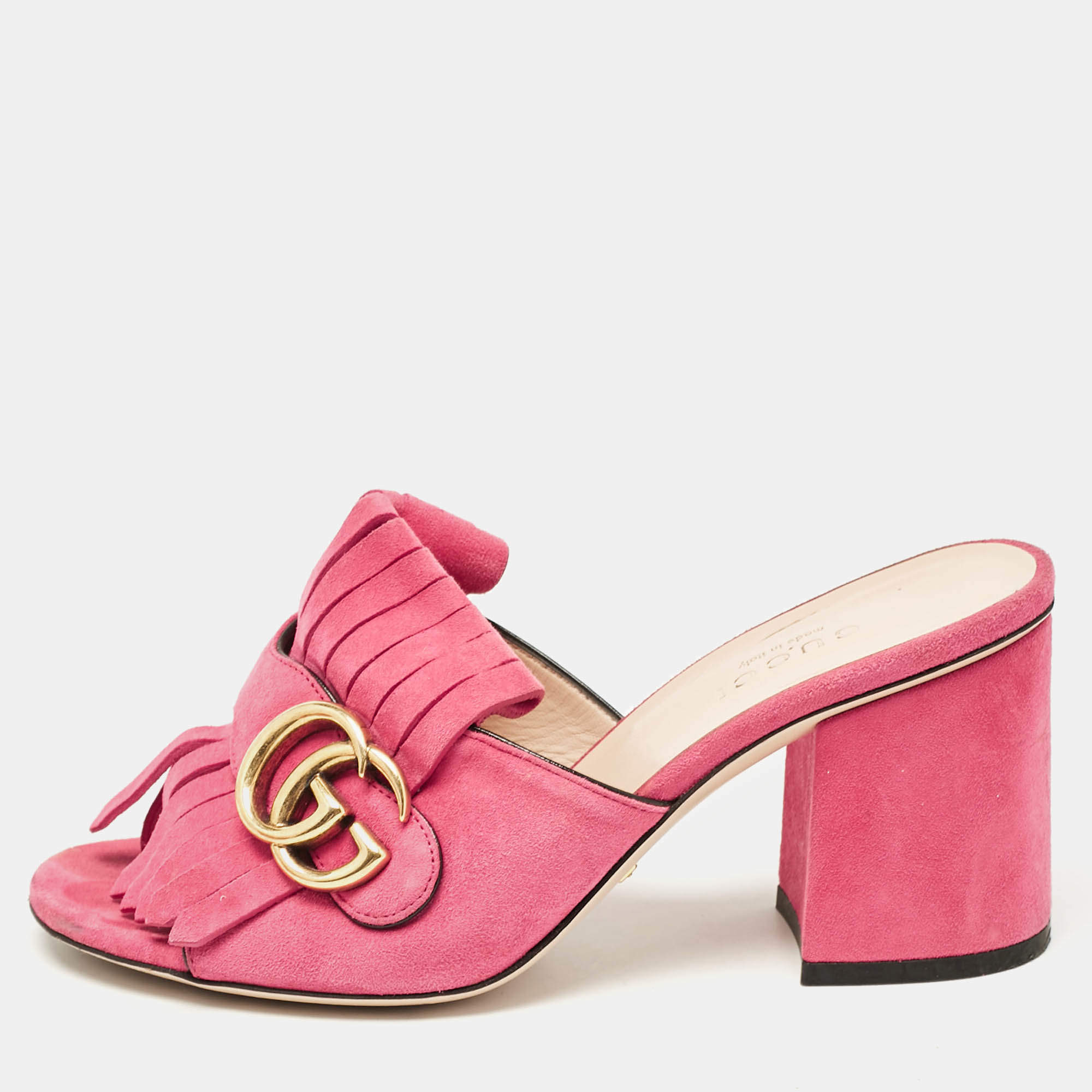Gucci Pink Suede Double G Fringe Details Block Heel Slide Sandals Size 35