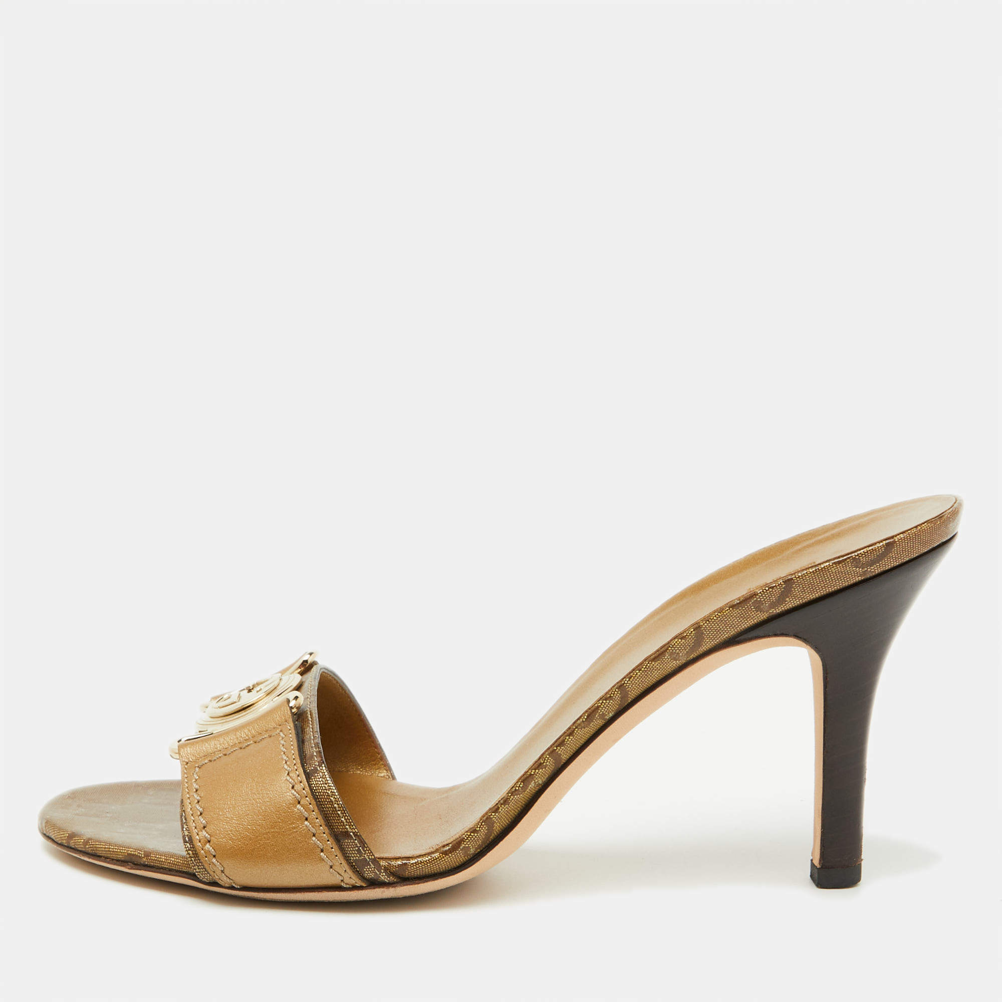 Pre Owned Gucci Gold Leather and GG Crystal Canvas Logo Slide Sandals Size 38