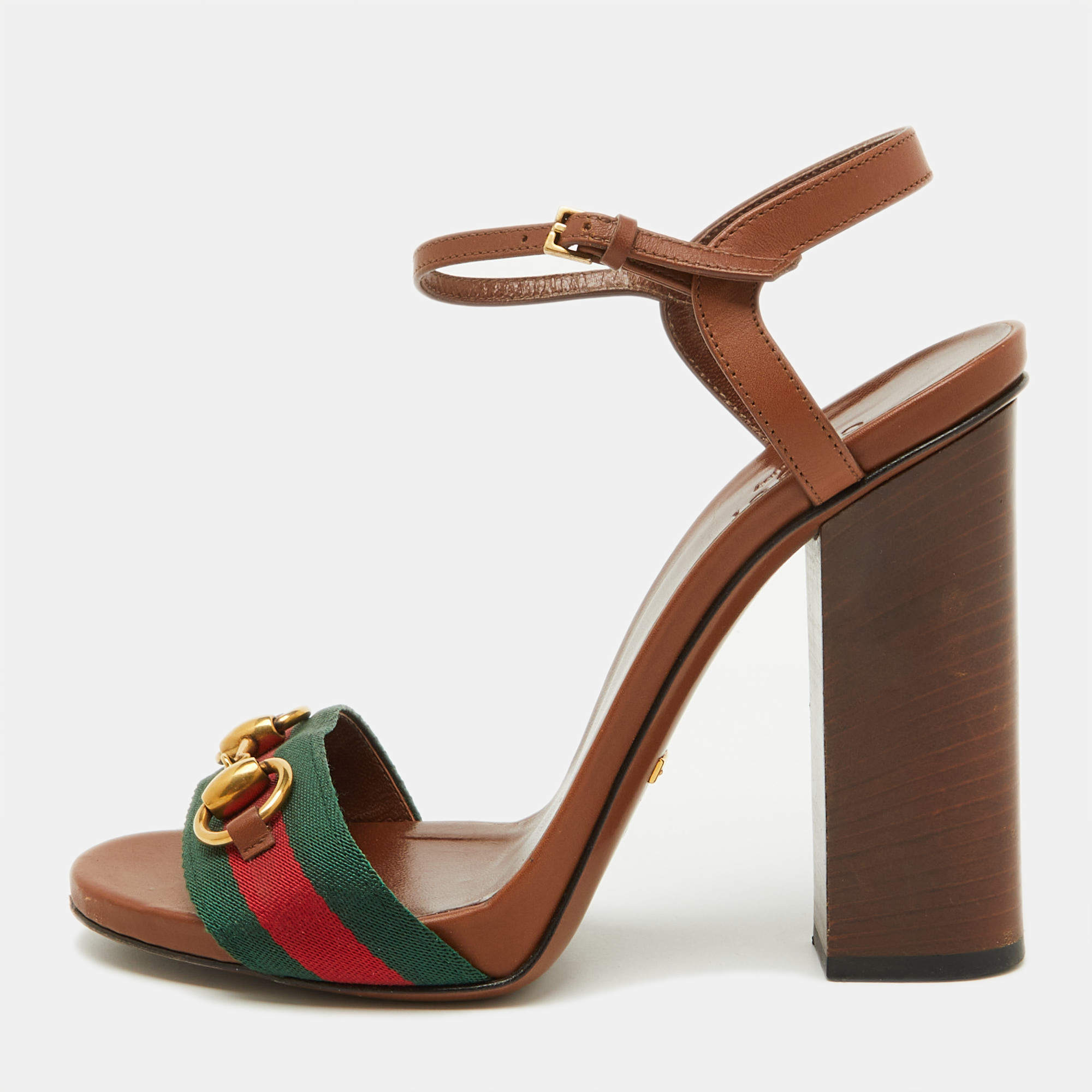 مملوكة مسبقًا Gucci Brown Leather and Web Tape Horsebit Ankle Strap Sandals Size 37