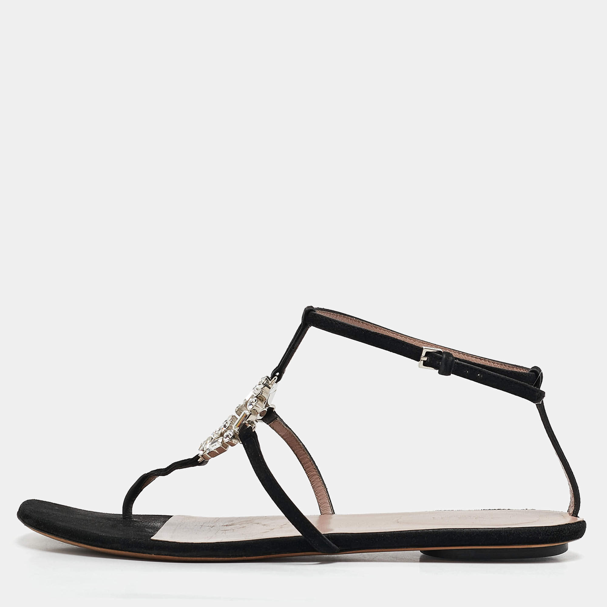 Pre Owned Gucci Black Suede Crystal Embellished Flat Sandals Size 39