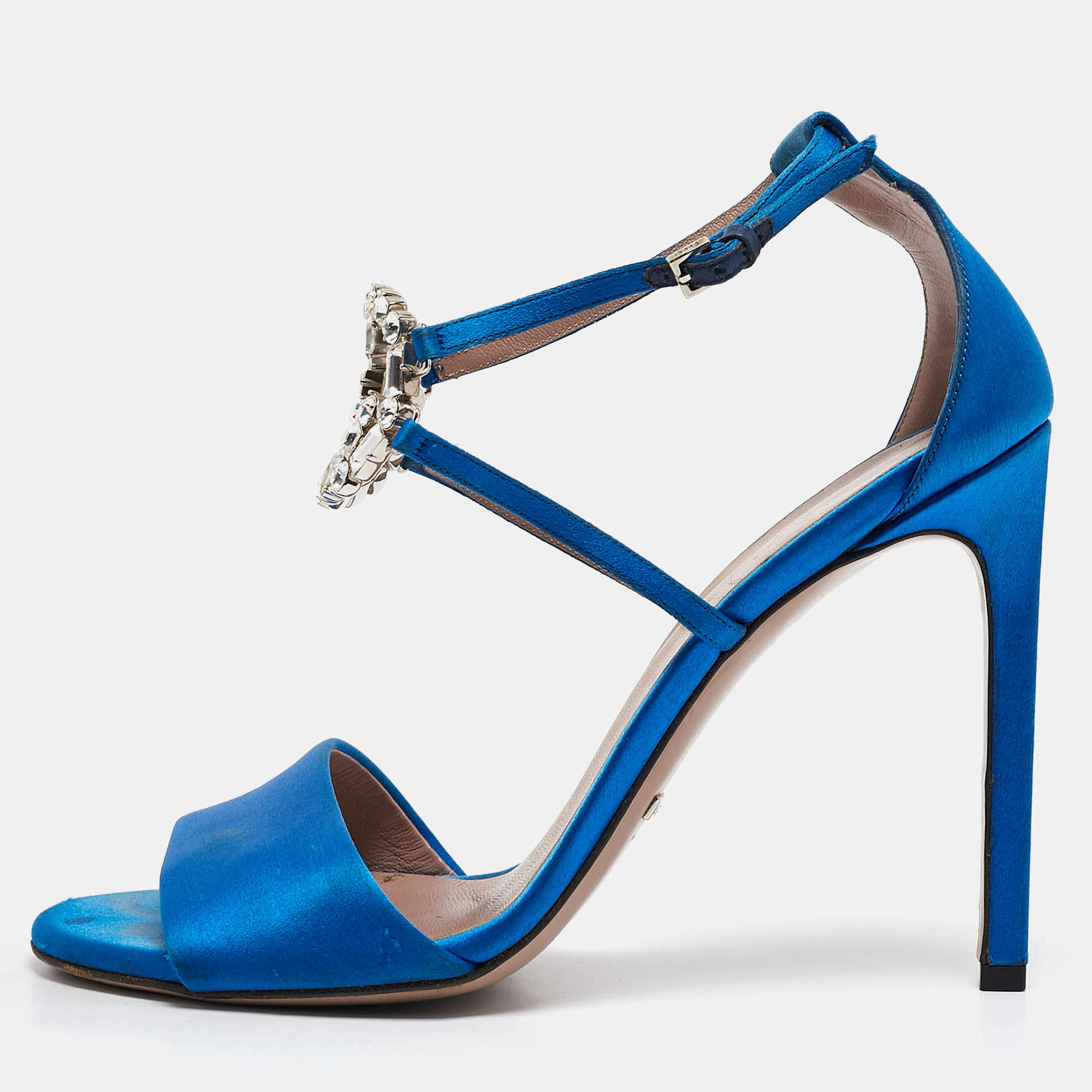 Pre Owned Gucci Blue Satin Crystal Embellished Interlocking G Ankle Strap Sandals Size 39