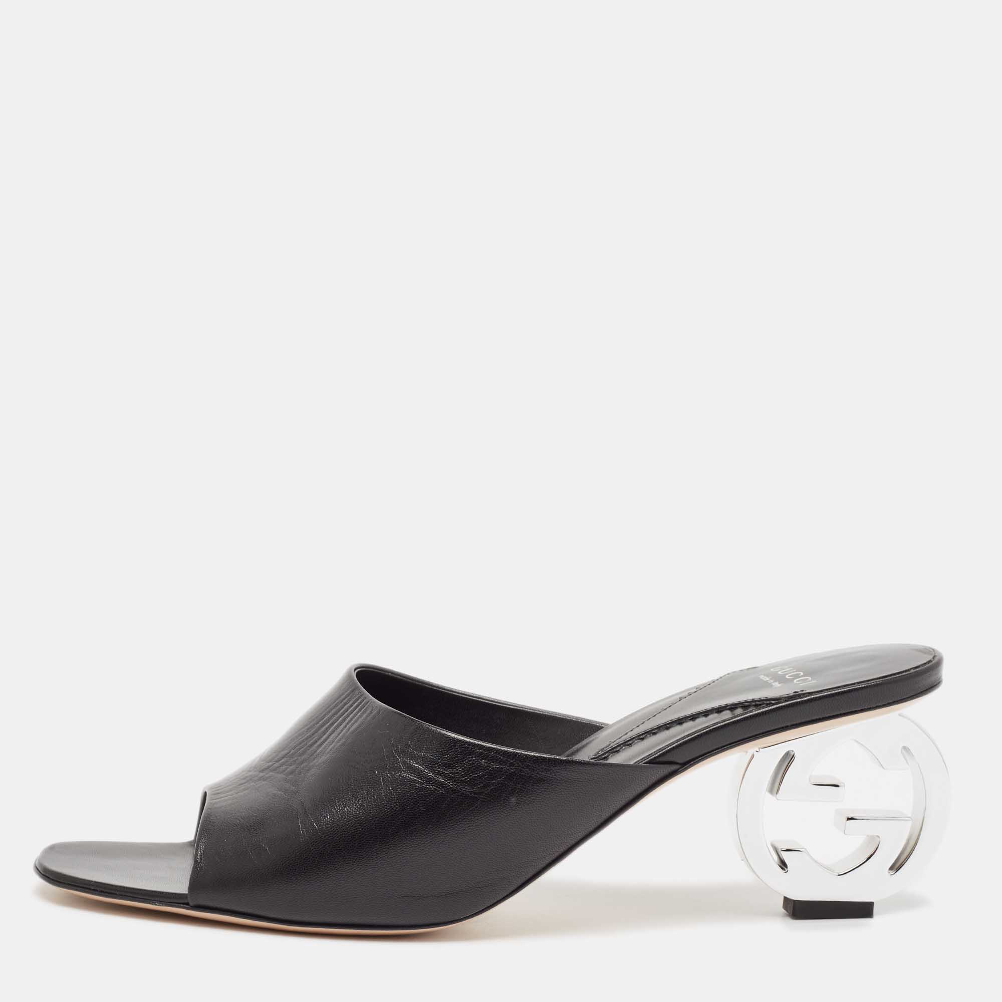 Gucci Black Leather Bella Slide Sandals Size 42