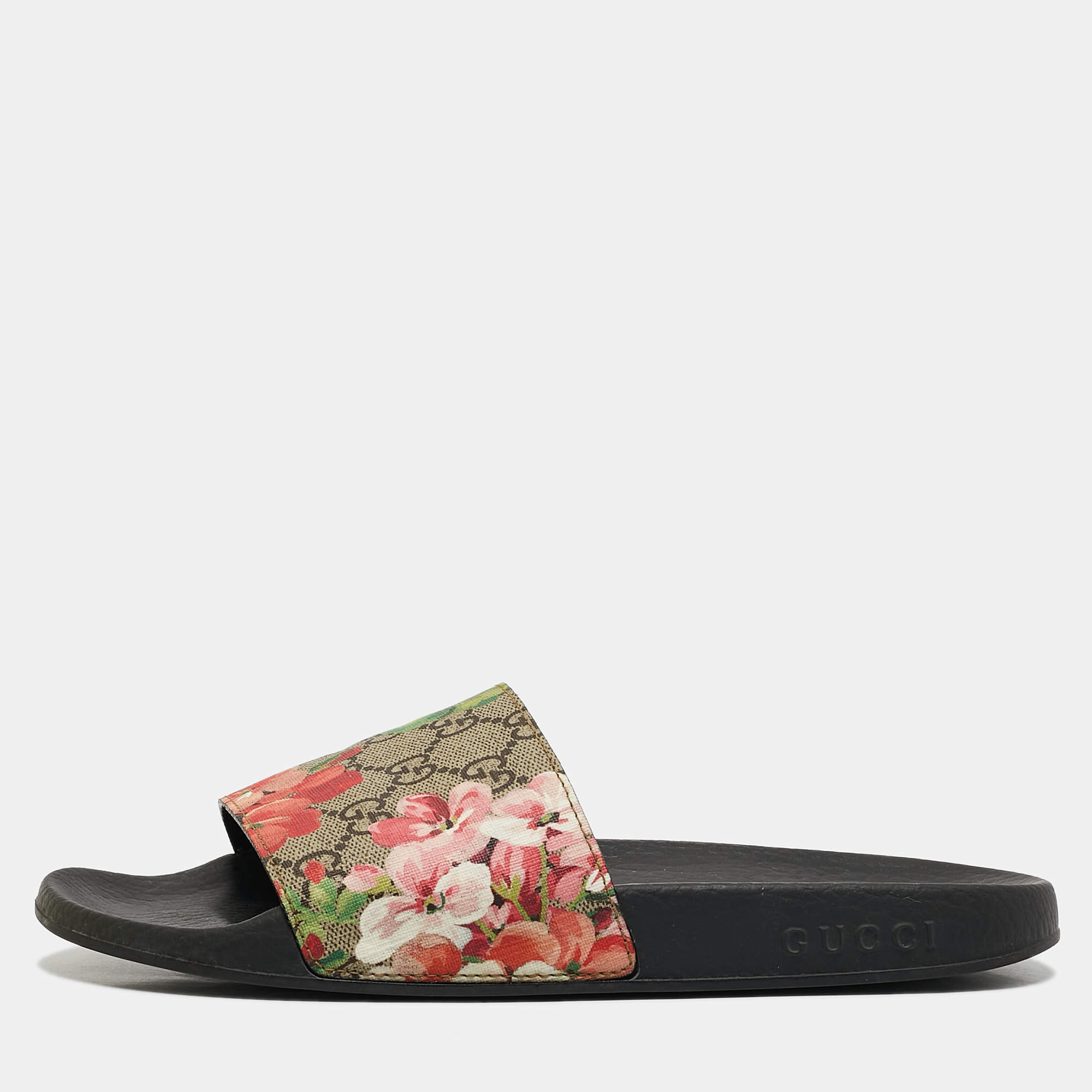 Pre Owned Gucci Pink/Black GG Bloom Supreme Canvas Slide Flats Size 39